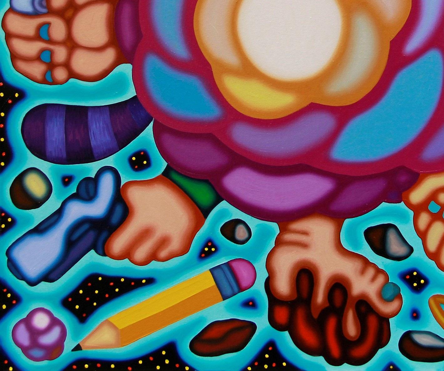 In this nebula/cloud painting by Jason Stout, a bright blue outlined cloud dominates the composition in an impossible starry landscape. Images within the cloud include disfigured hands and feet, guns, knives, a noose, sheriff's stars, a raccoon