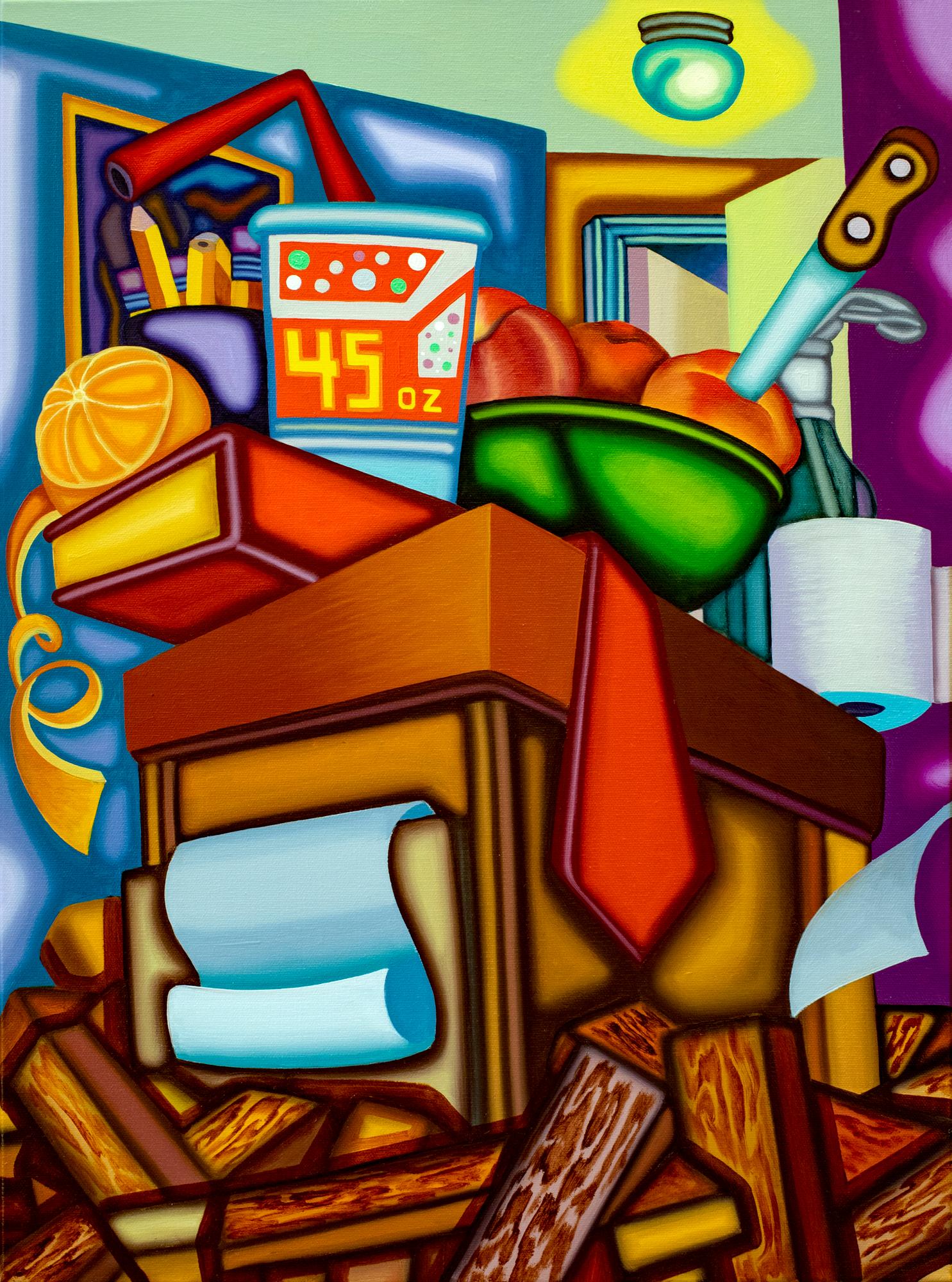 Jason Stout Interior Painting – AS AB ABOVE SO BELOW - Kubistisches, surreales Stillleben mit kräftigen Farben