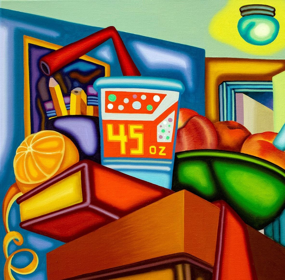 AS AB ABOVE SO BELOW - Kubistisches, surreales Stillleben mit kräftigen Farben – Painting von Jason Stout