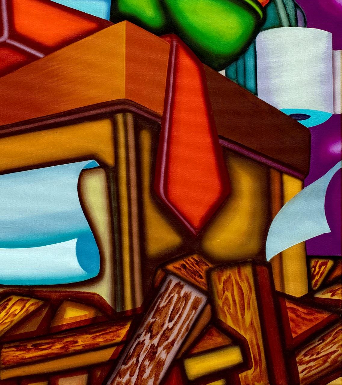 AS AB ABOVE SO BELOW - Kubistisches, surreales Stillleben mit kräftigen Farben (Braun), Interior Painting, von Jason Stout