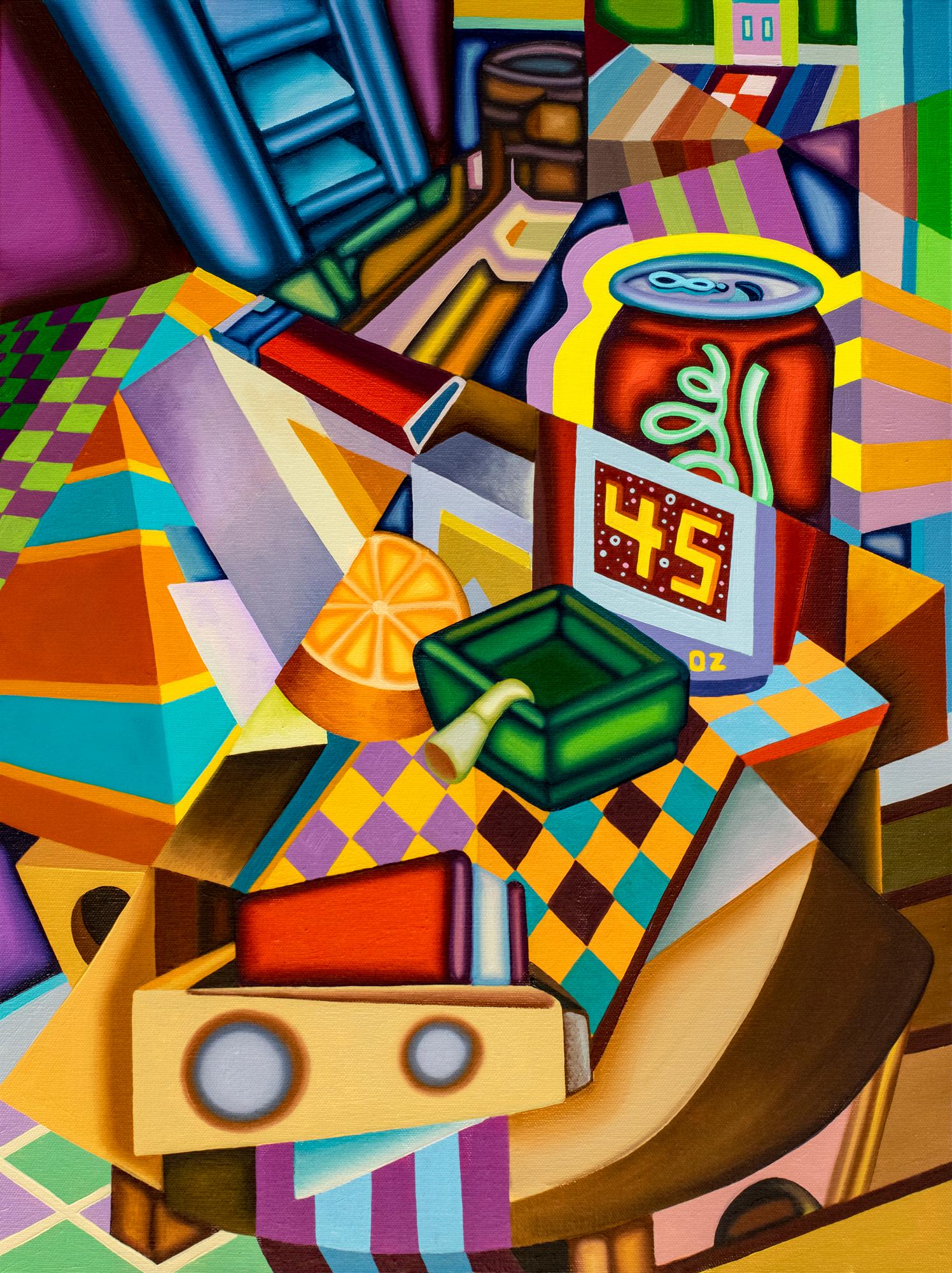 45 OLé COLLAPSE- Cubist, Surreal Still Life with Bold Colors, Beer Can, Orange