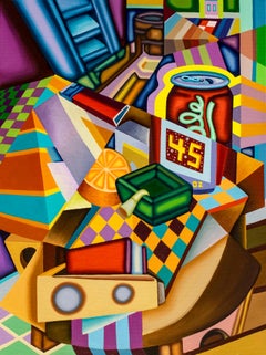 45 OLé COLLAPSE- Cubist, Surreal Still Life with Bold Colors, Beer Can, Orange