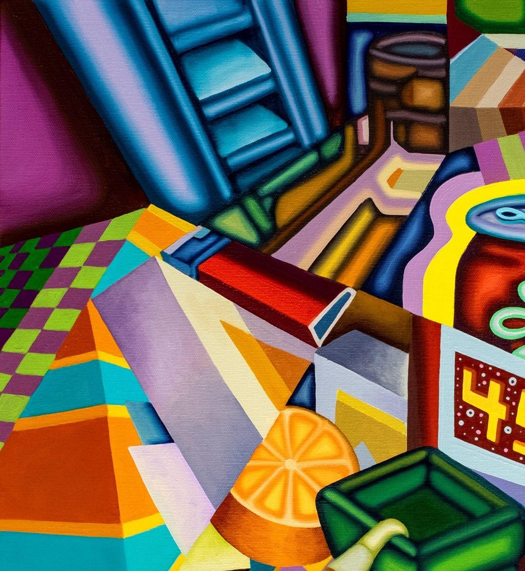 45 OLé COLLAPSE- Cubist, Surreal Still Life with Bold Colors, Beer Can, Orange - Painting by Jason Stout