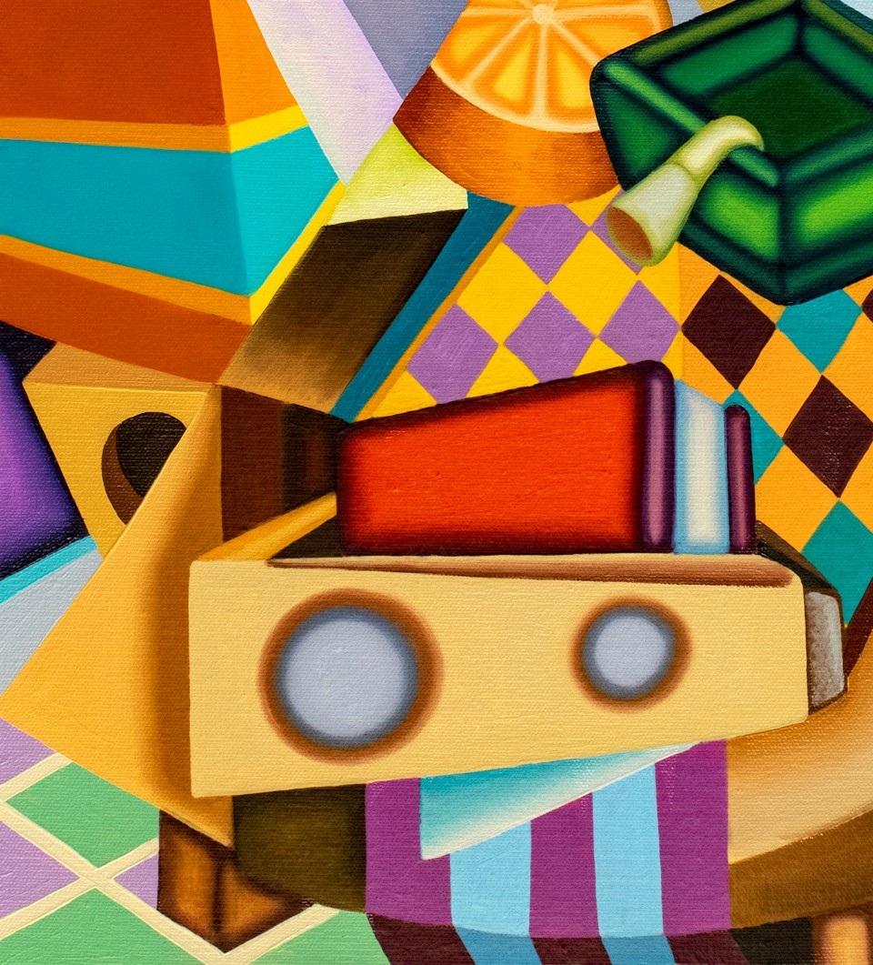 45 OL COLLAPSE- Kubistisches, surreales Stillleben mit kräftigen Farben, Bierdose, Orange (Zeitgenössisch), Painting, von Jason Stout