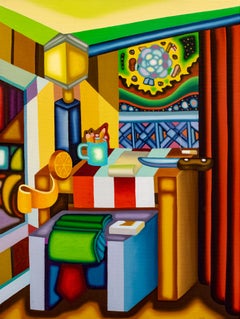 NIGHT TABLE OF THE ASSASSISN - Cubist, Surreal Still Life w/ Bold Colors, Knife