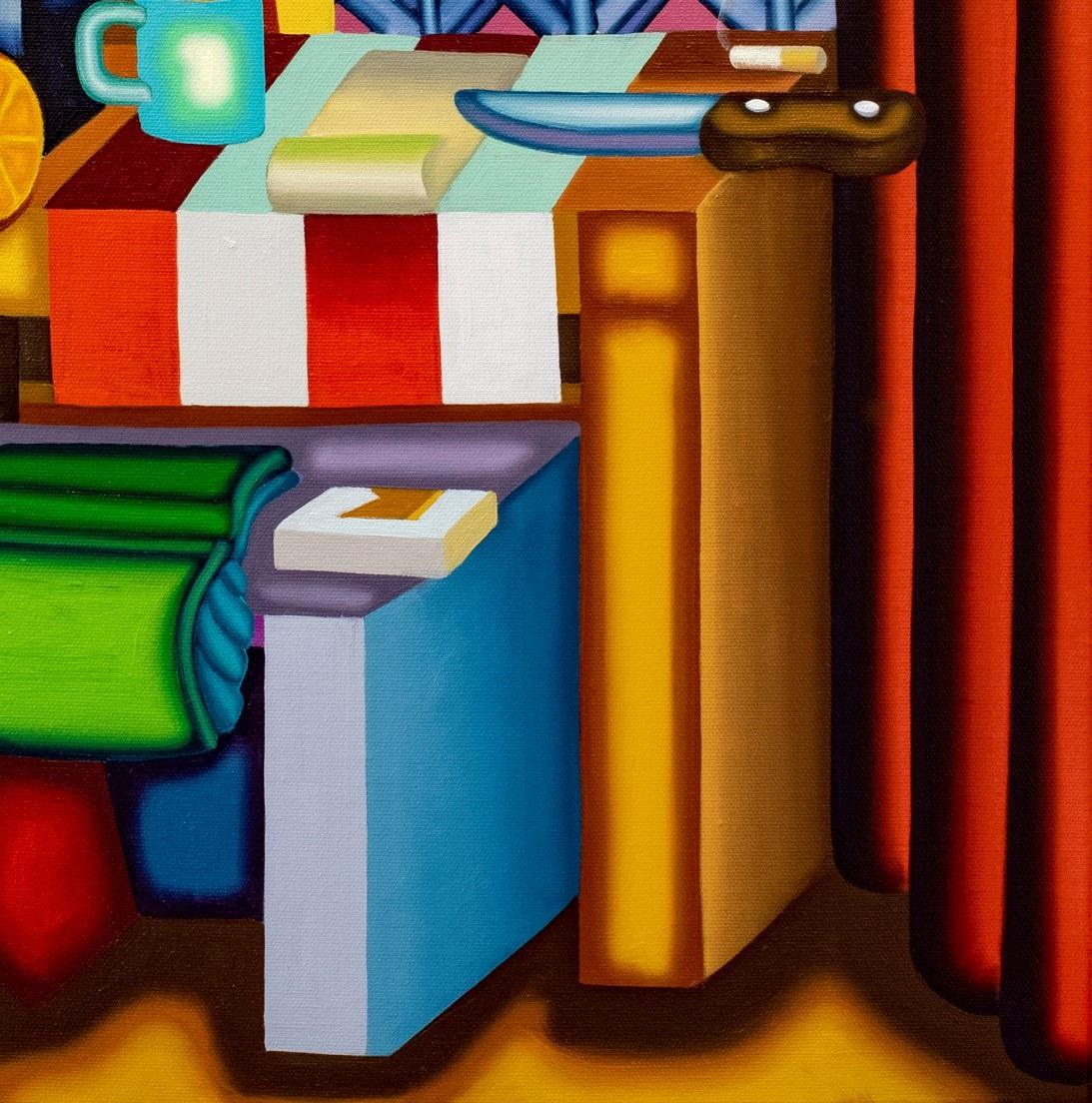 NIGHT TABLE OF THE ASSASSISN - Kubistisches, surreales Stillleben mit kräftigen Farben, Messer (Braun), Interior Painting, von Jason Stout