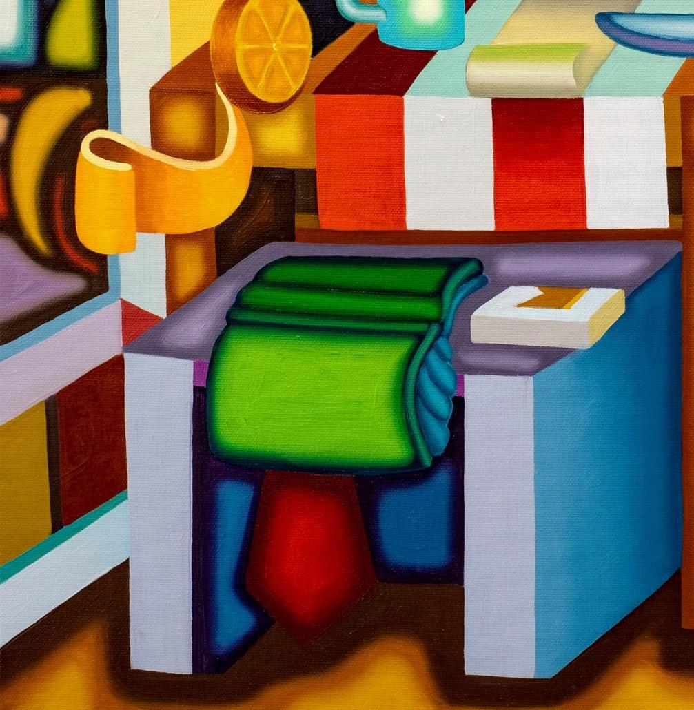 NIGHT TABLE OF THE ASSASSISN - Cubist, Surreal Still Life w/ Bold Colors, Knife - Contemporary Painting by Jason Stout