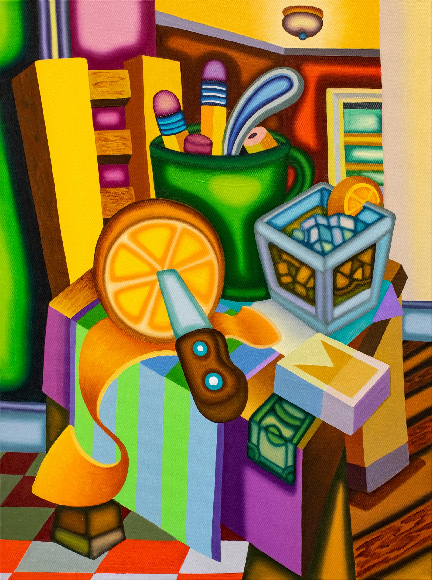 Jason Stout Interior Painting - HIGHBALL LETTER VICE - Cubist, Surreal Still Life with Bold Colors, Orange 