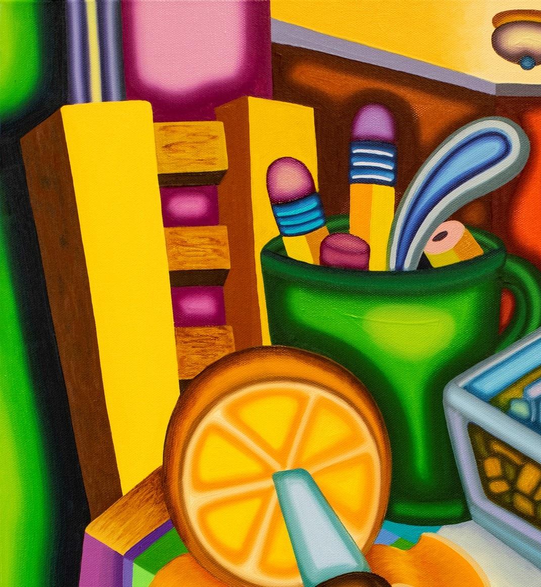 HIGHBALL LETTER VICE - Cubist, Surreal Still Life with Bold Colors, Orange  - Painting by Jason Stout