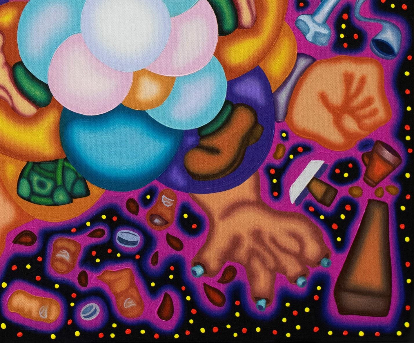 FINGERED - Bold, Surrealist, Cubist Illustrative Oil Painting, Purple For Sale 10