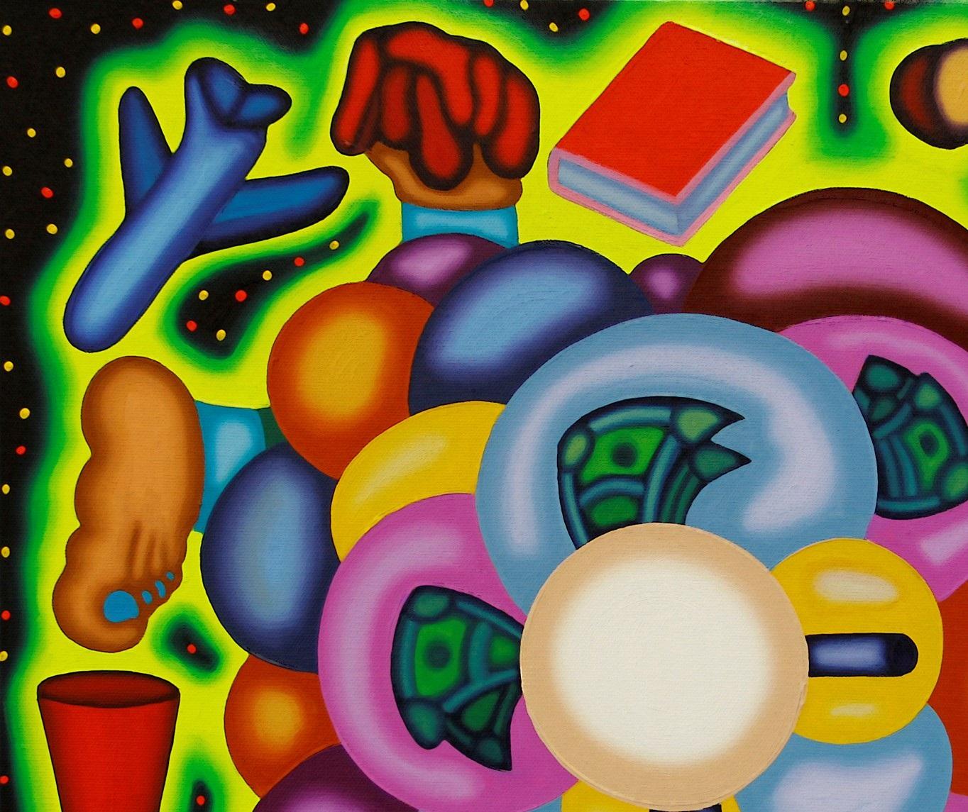 MEDIA SPIN CYCLE - Pintura al óleo ilustrativa, audaz, surrealista y cubista, verde en venta 2