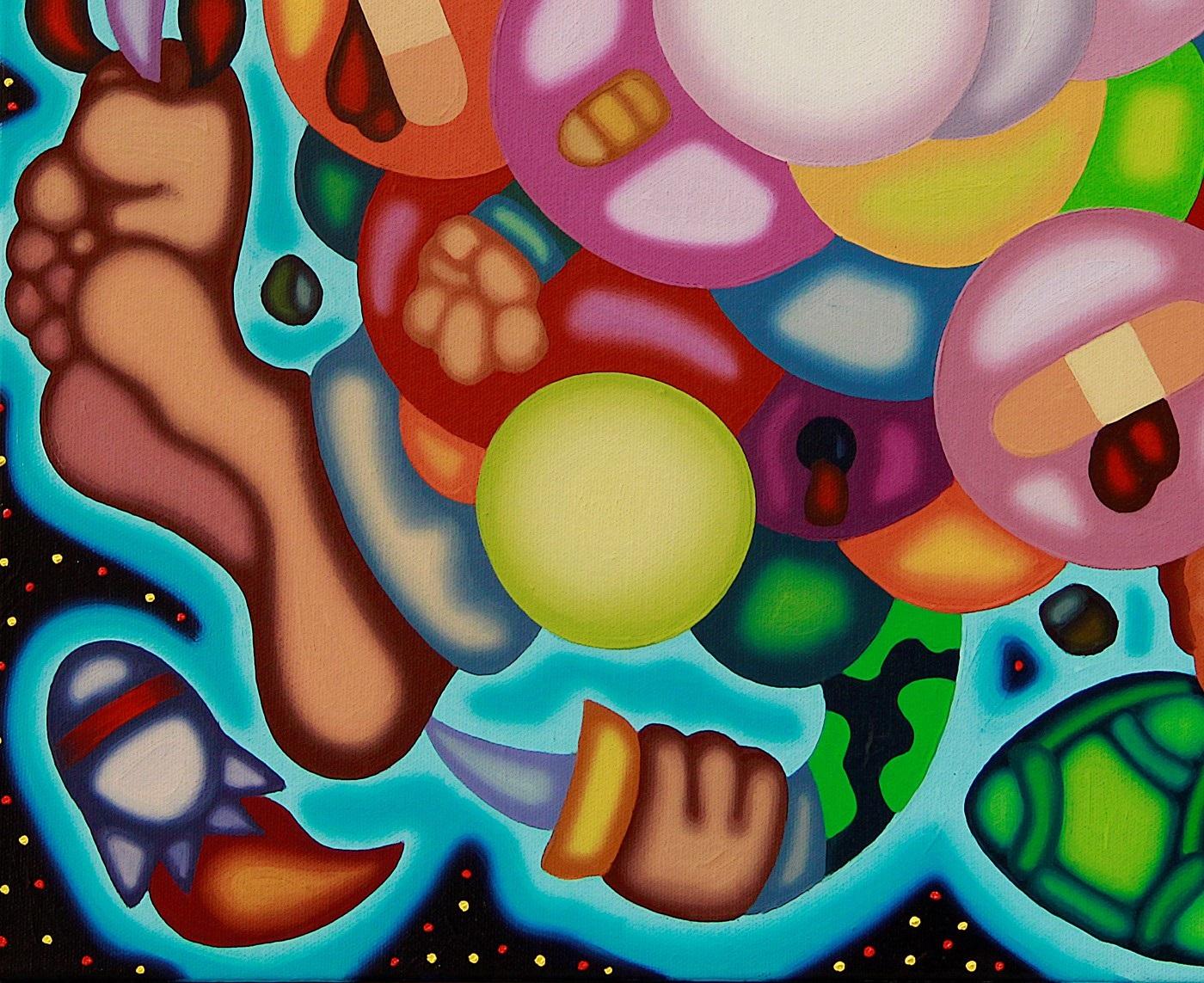 JUST ENOUGH TO STOP THE BLEEDING- Surrealist, Cubist Space Illustrative Painting For Sale 2