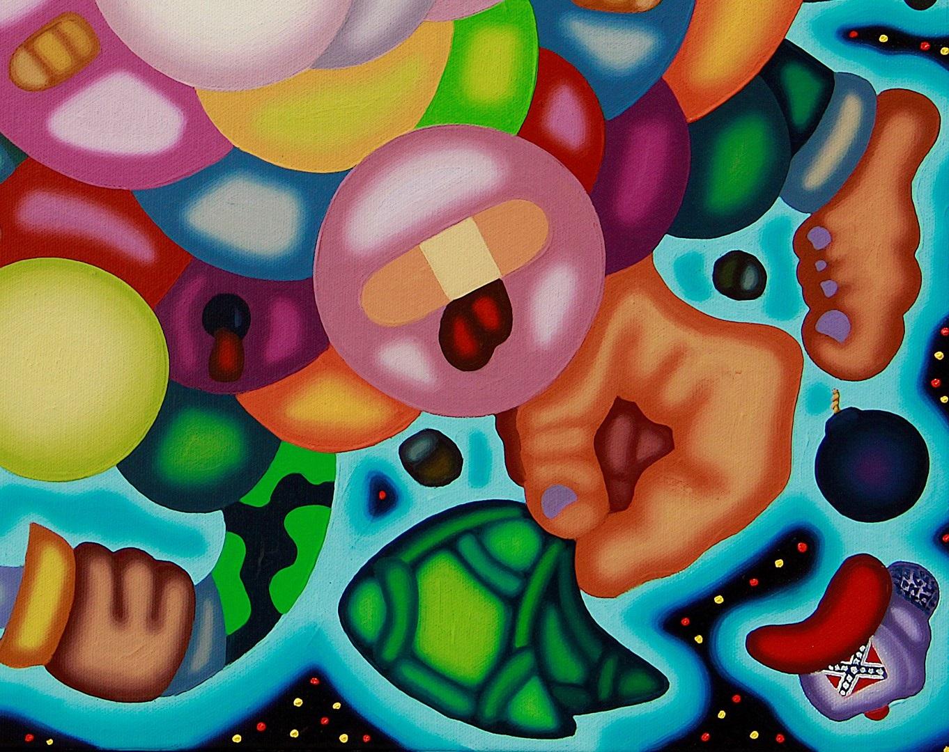 JUST ENOUGH TO STOP THE BLEEDING- Surrealist, Cubist Space Illustrative Painting For Sale 3