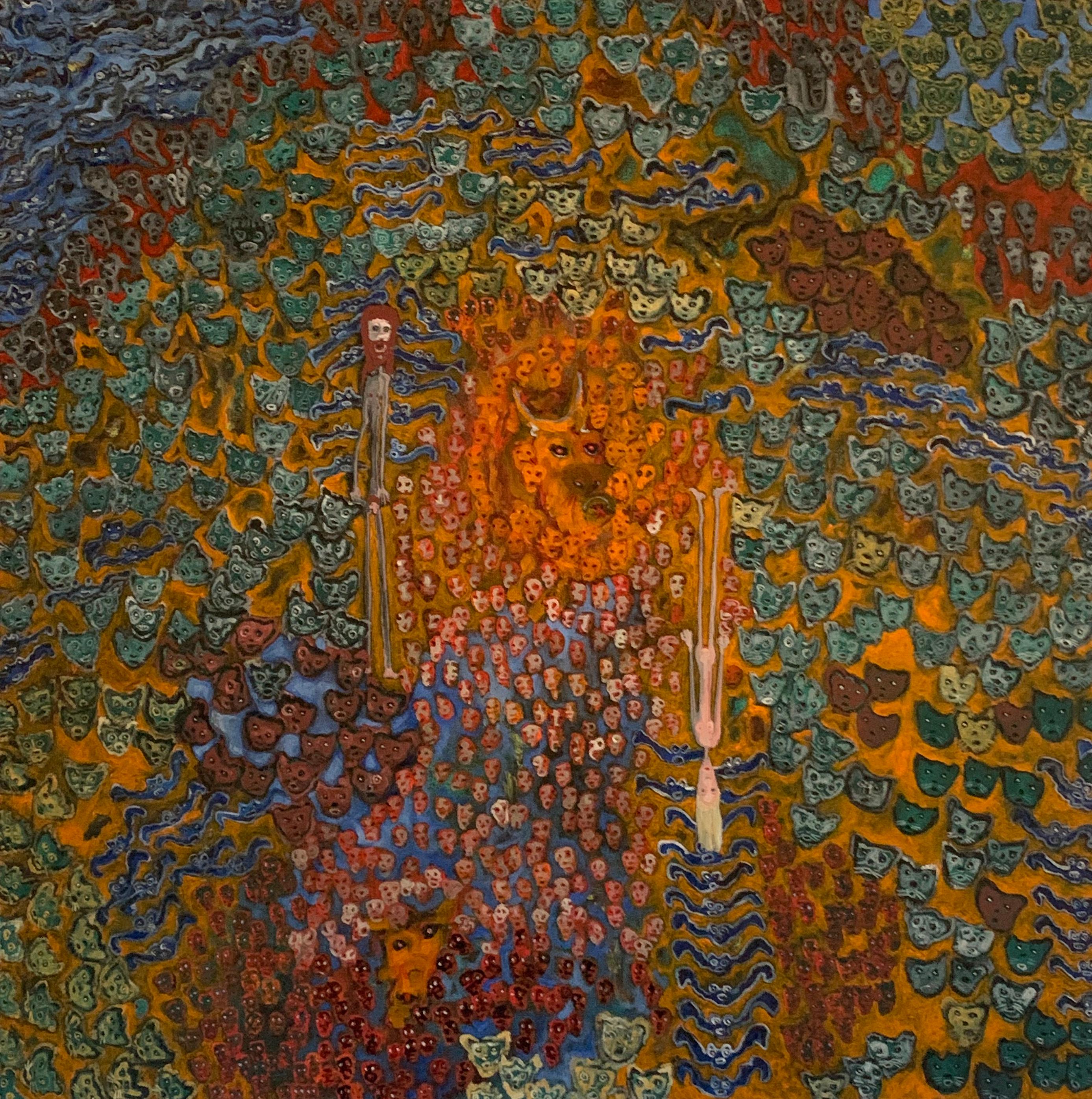 MIDNIGHT IN EDEN - Orange, Blue, Brown Adam and Eve in Surreal Garden at Night - Painting by Constantin Werner