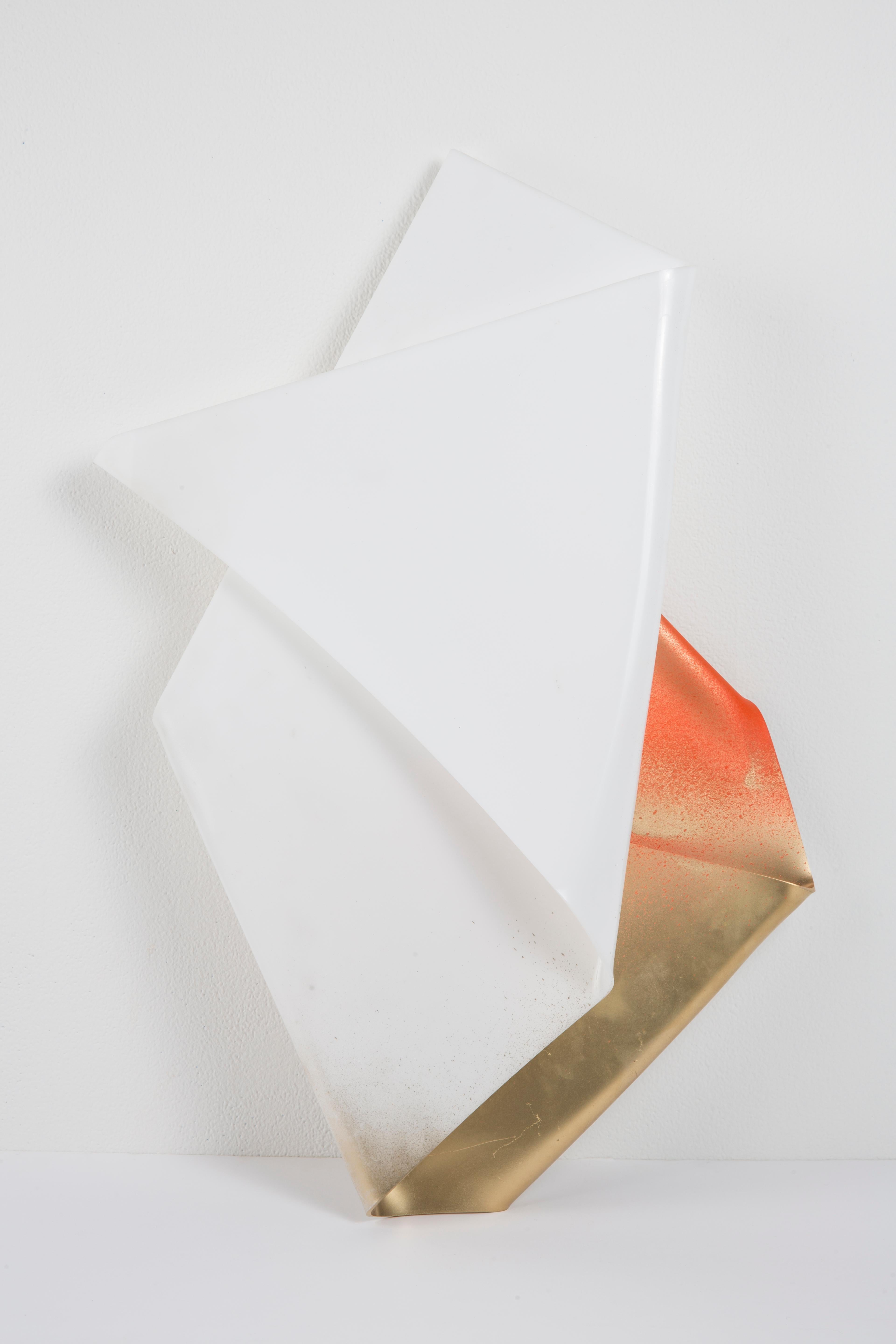 Andrès Bustamante Abstract Sculpture - VUELVE A AMANECER - Bent Plexiglass Wall Hanging Sculpture, White, Gold, Orange