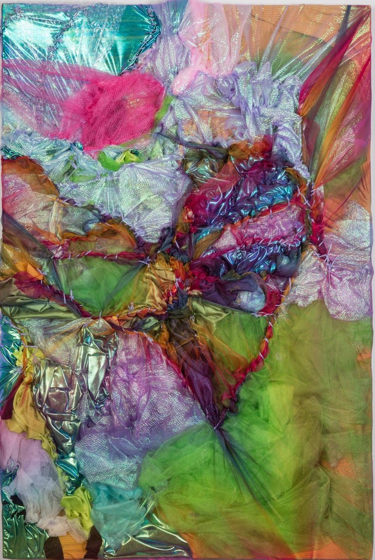 Grace Michelle Hall Abstract Sculpture - Kaleidoscopic Stitch - Abstract Textural Fabric Painting, Rainbow, yarn stitch