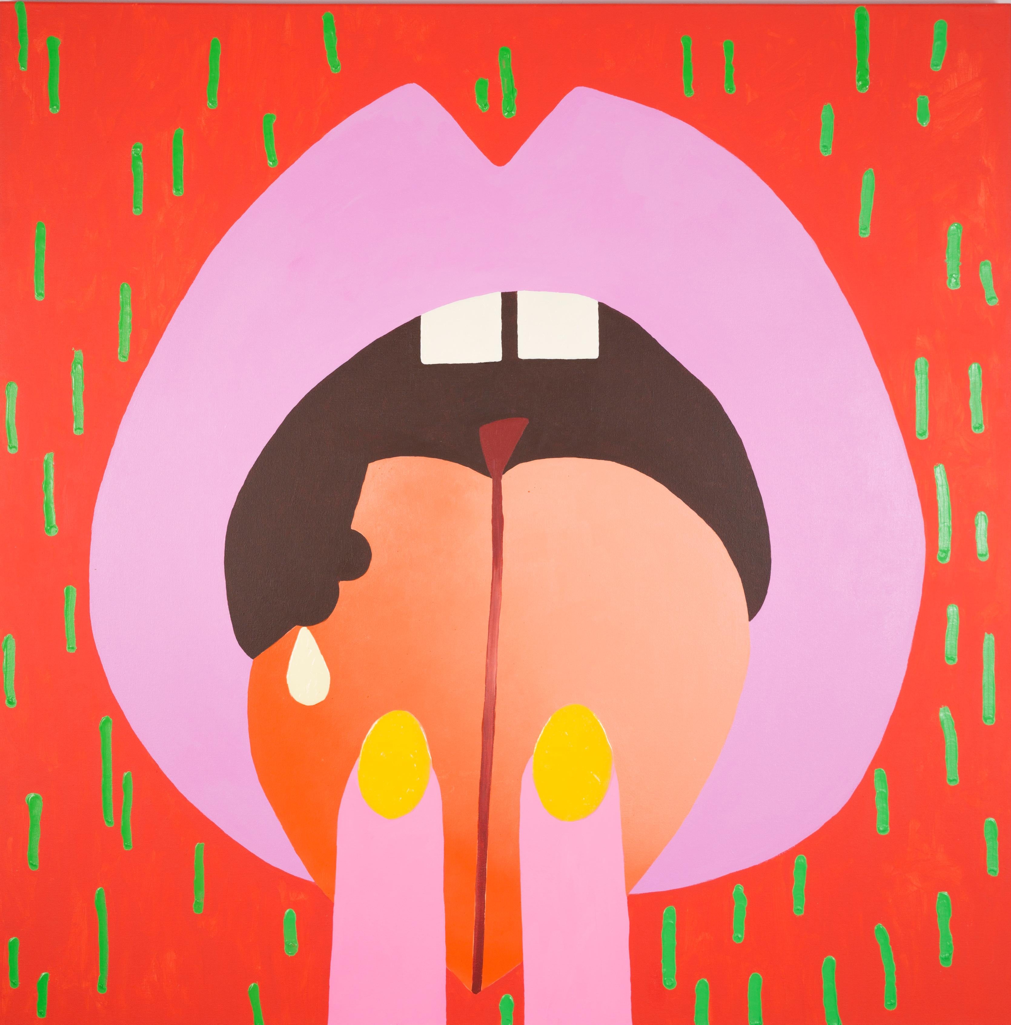 FUZZY BOTTOM - Pop art painting of Lips with Peach, Red, Pink, Green - Painting by Elizabeth Winnel