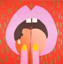 Fuzzy Bottom - Pop art painting of Lips with Peach, Red, Pink, Green