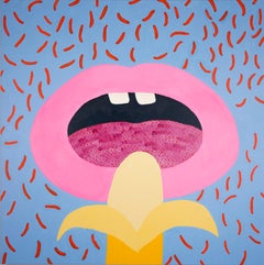 BANANARAMA - Pop art Painting with Pink Lips and Banana, Blue, Yellow