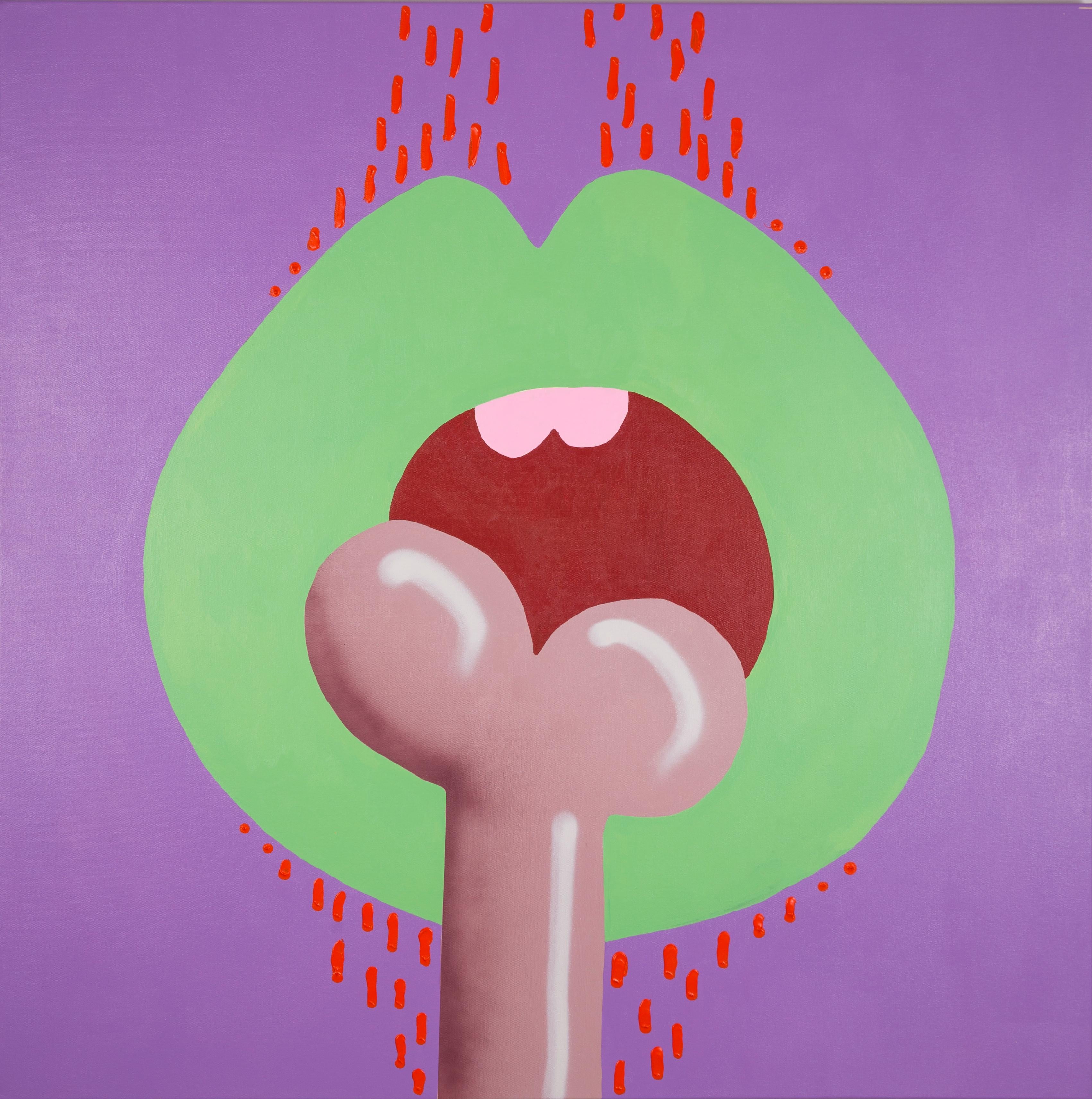 BONE - Peinture illustrée Pop Art représentant des lèvres et un os, vert, violet, rouge 