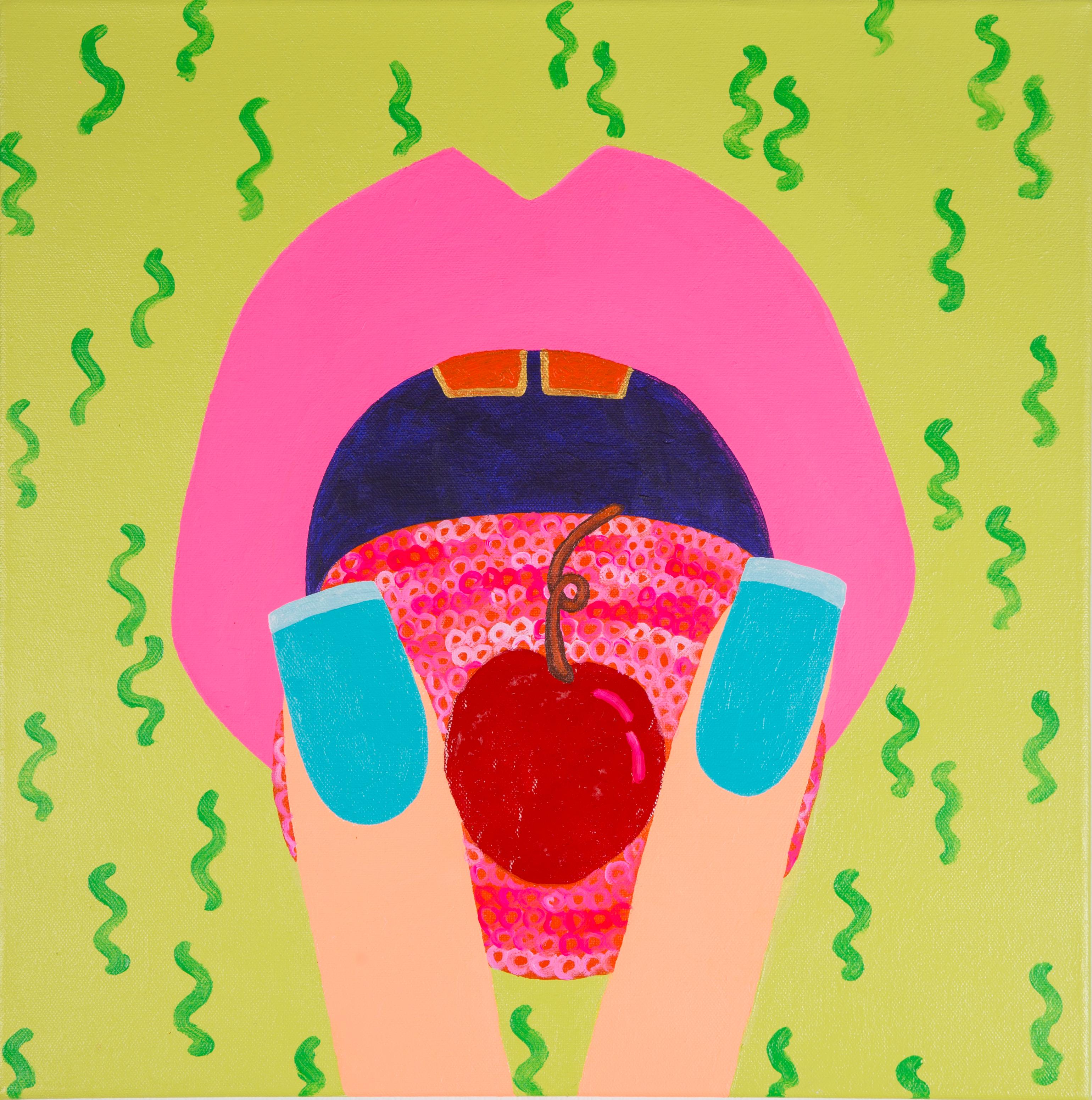 Pop - Maraschino Cherry with Lips, Pop Art, Green, Pink, Red, Blue - Painting by Elizabeth Winnel