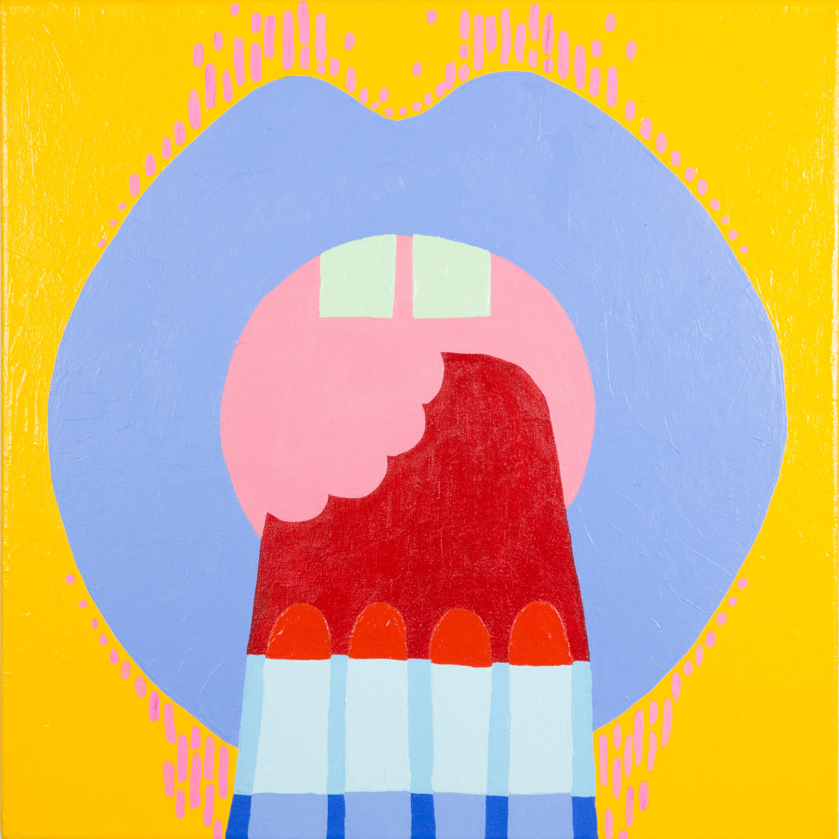 Elizabeth Winnel Abstract Painting - ROCKET - Yellow, Red, White and Blue Pop art Popsicle Painting w/ Lips and Teeth