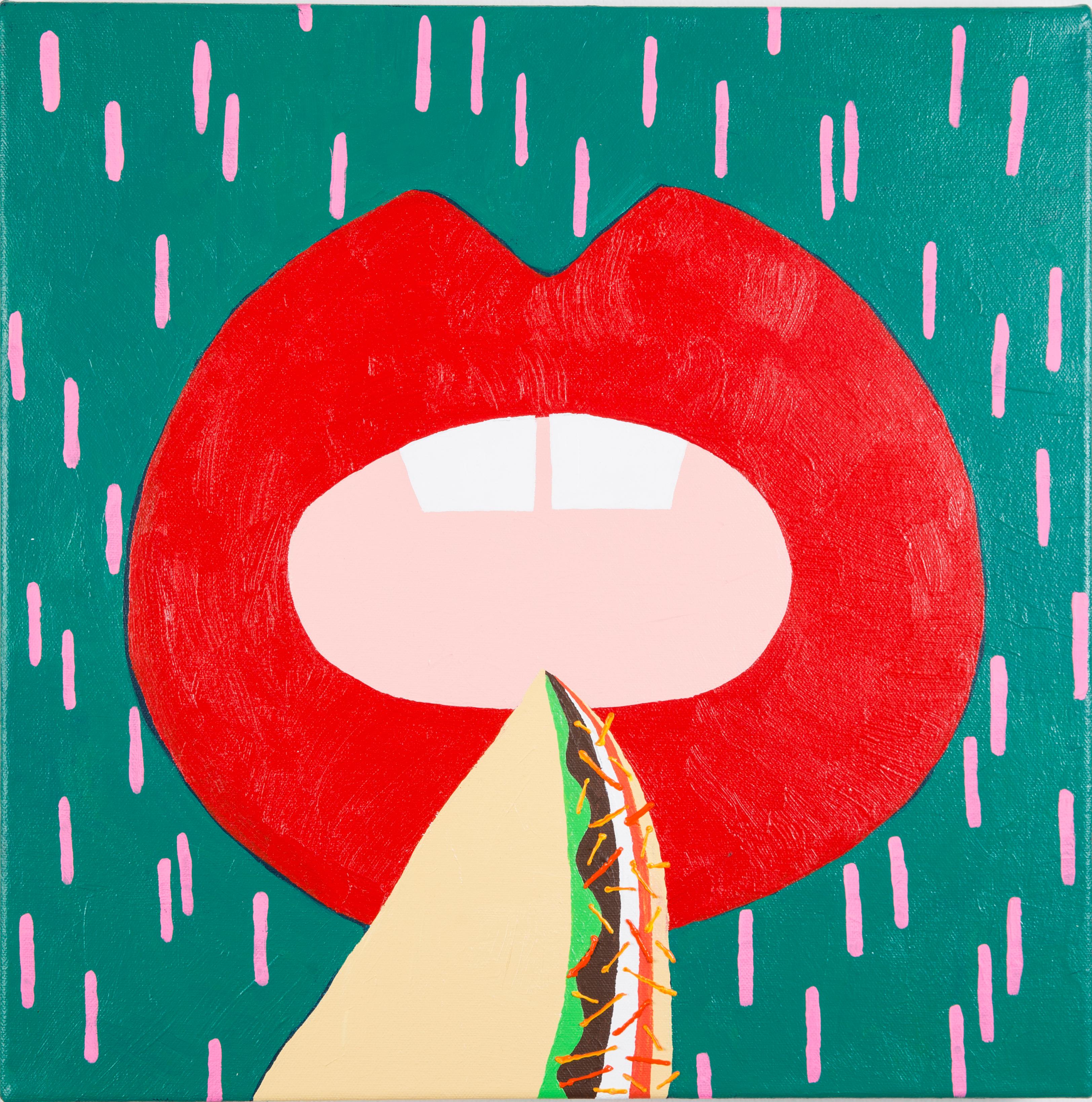 TUESDAY - Pop Art Lips Eating Taco - Green, Red, Pink - Painting by Elizabeth Winnel