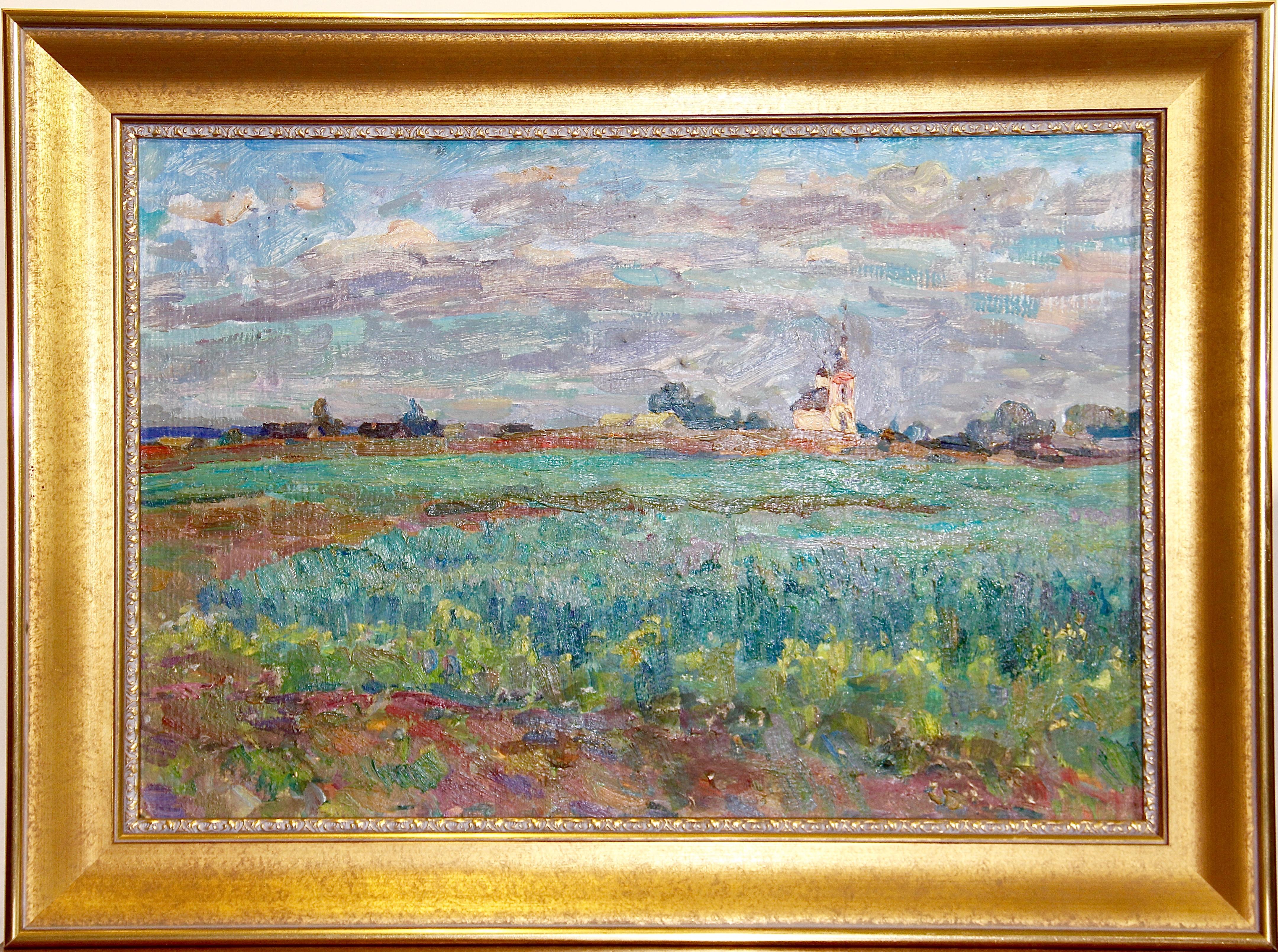 Landscape Painting Ivan Sorokin - Peinture à l'huile russe « Oats Usolye village 1989 » Paysage.