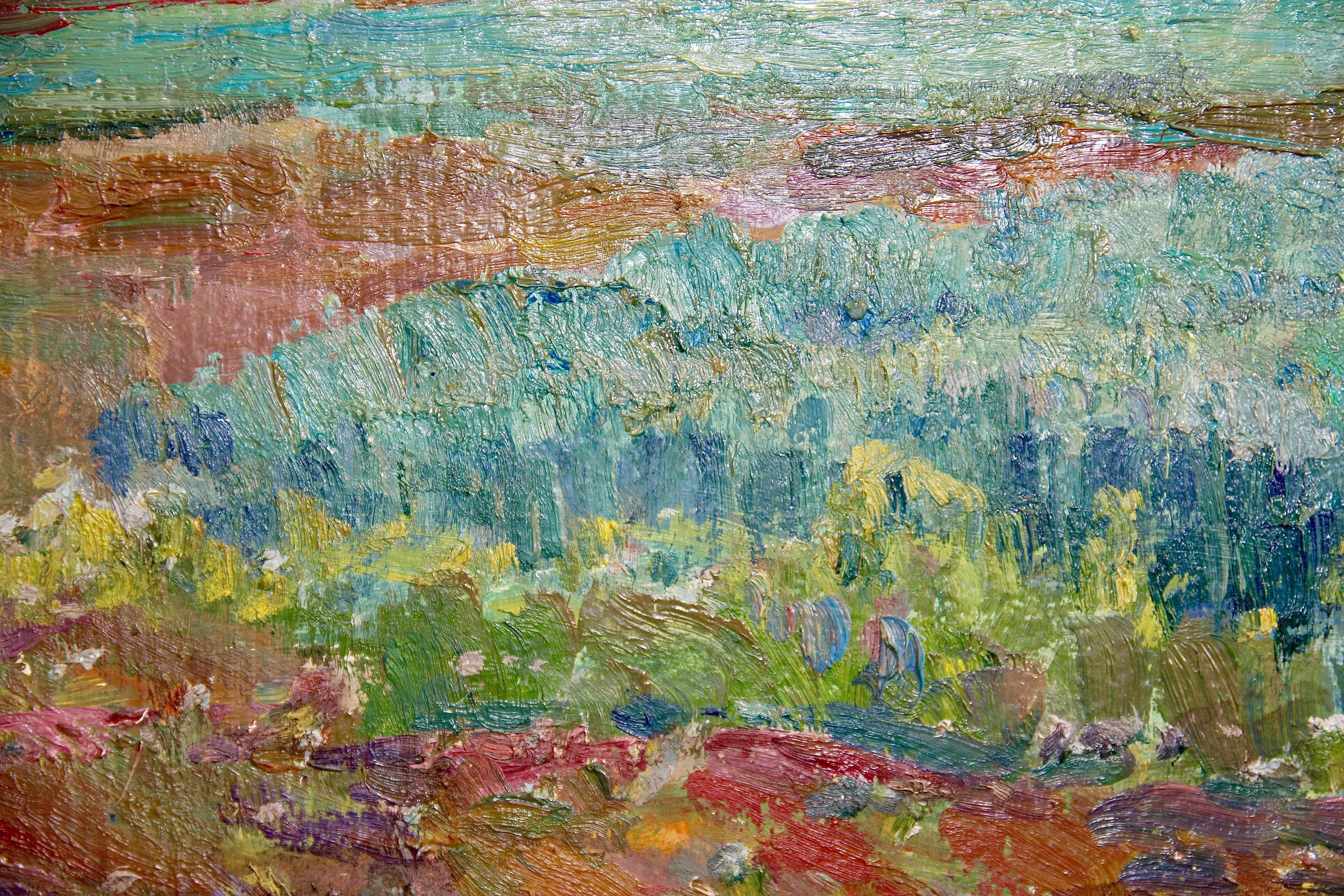 Peinture à l'huile russe « Oats Usolye village 1989 » Paysage. - Impressionnisme Painting par Ivan Sorokin