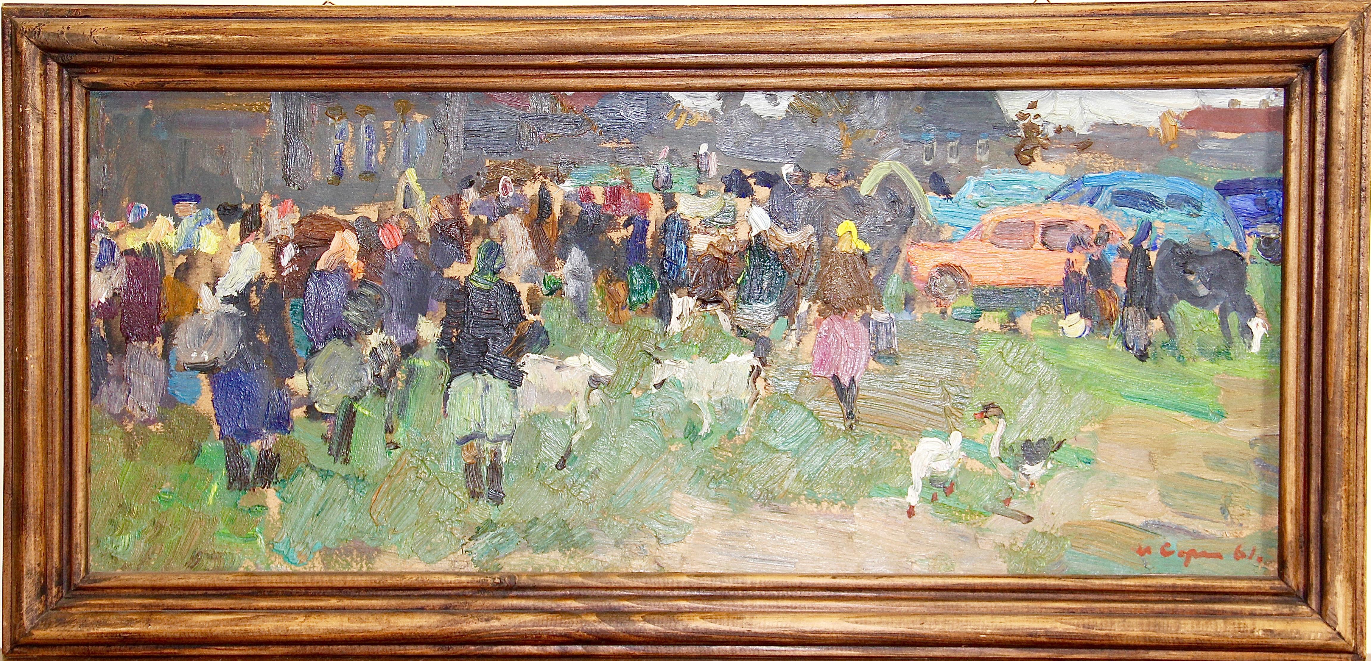 Ivan Sorokin Figurative Painting – ""Die Dorfassemblement"" 1961 Russische Kunst Ölgemälde. Landschaft.