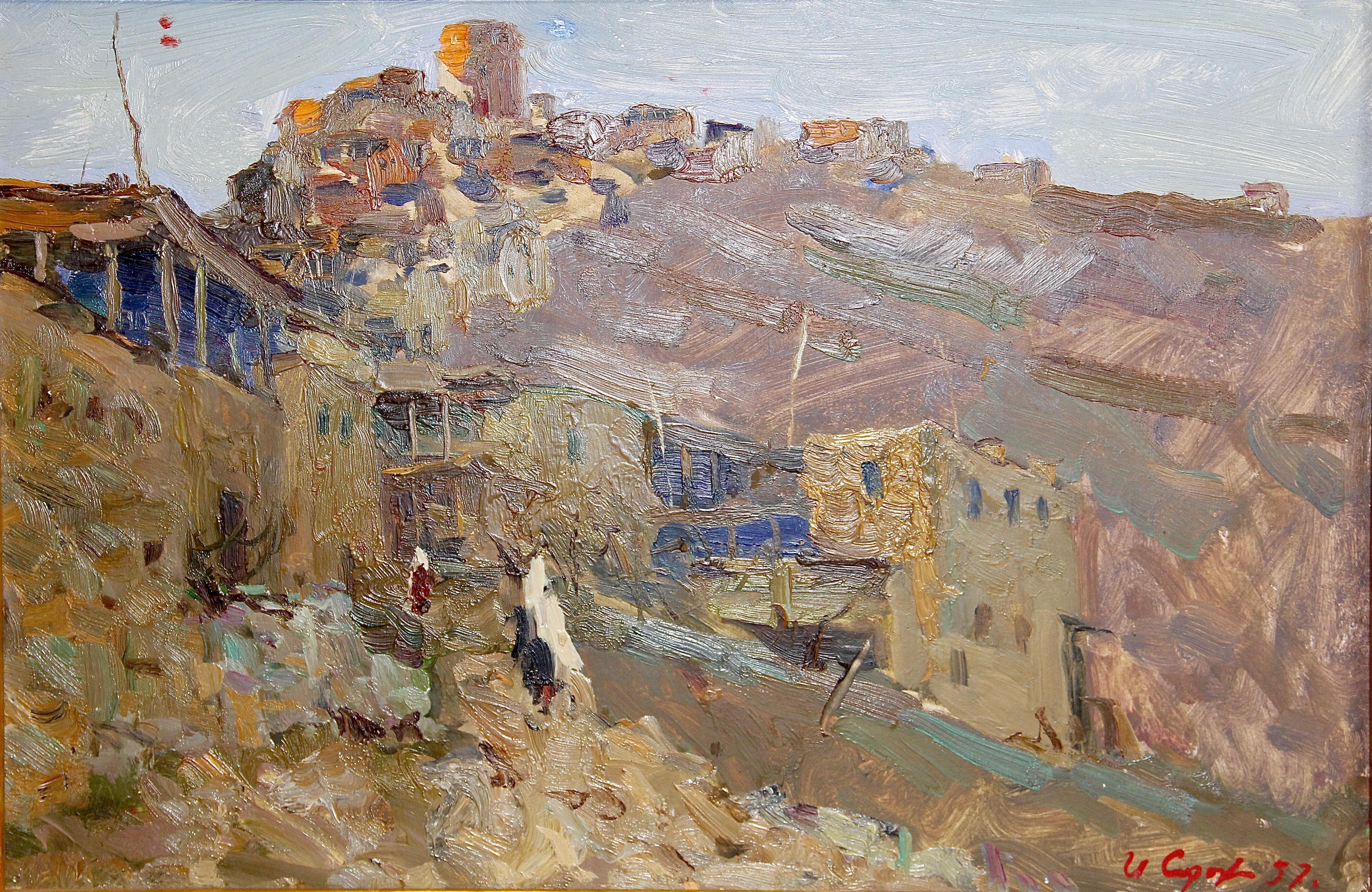Ivan Sorokin. Peinture à l'huile russe, village de montagnes, 1957 en vente 1