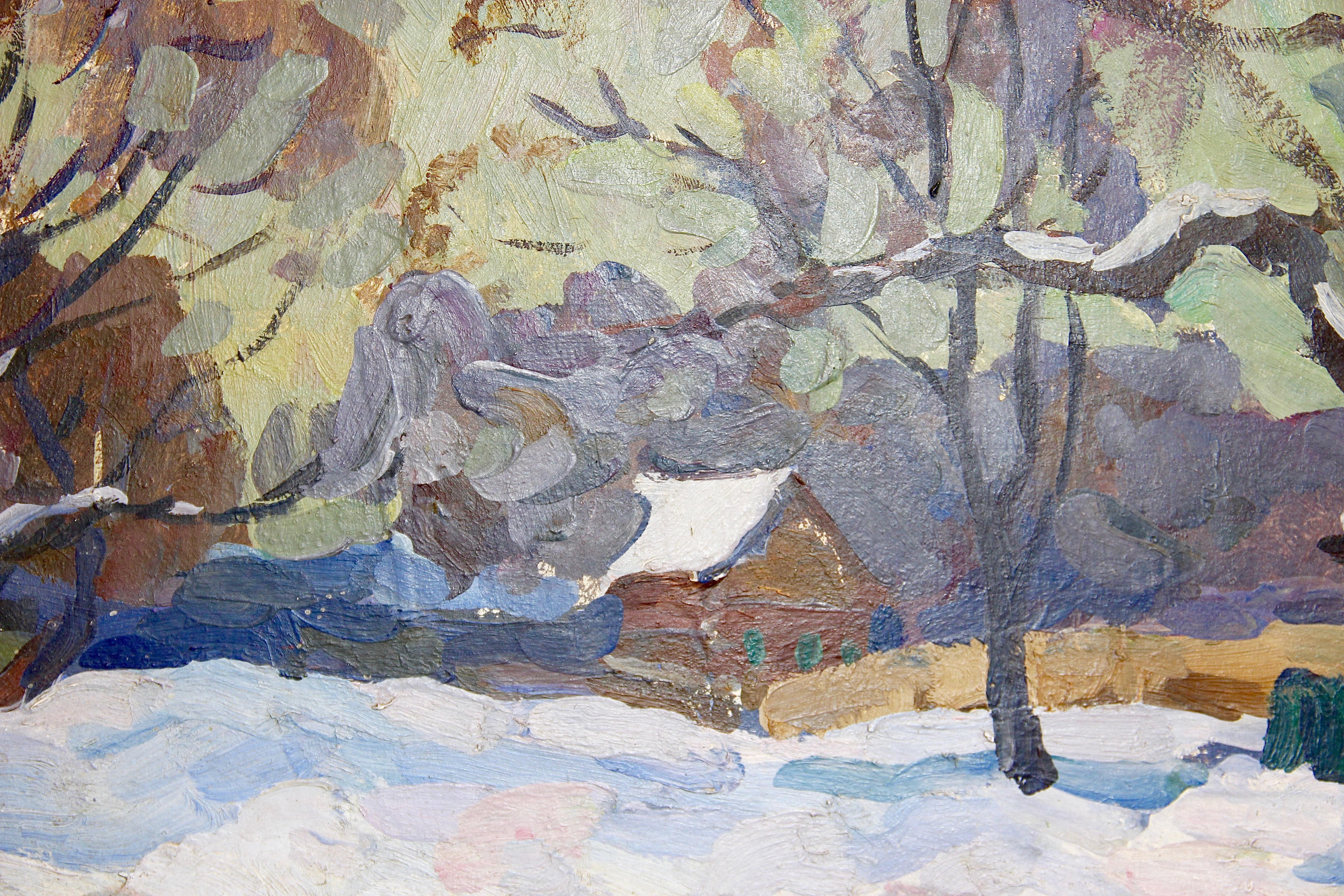Ivan Sorokin. 1970 Paesaggio invernale. Arte russa Pittura a olio. in vendita 2