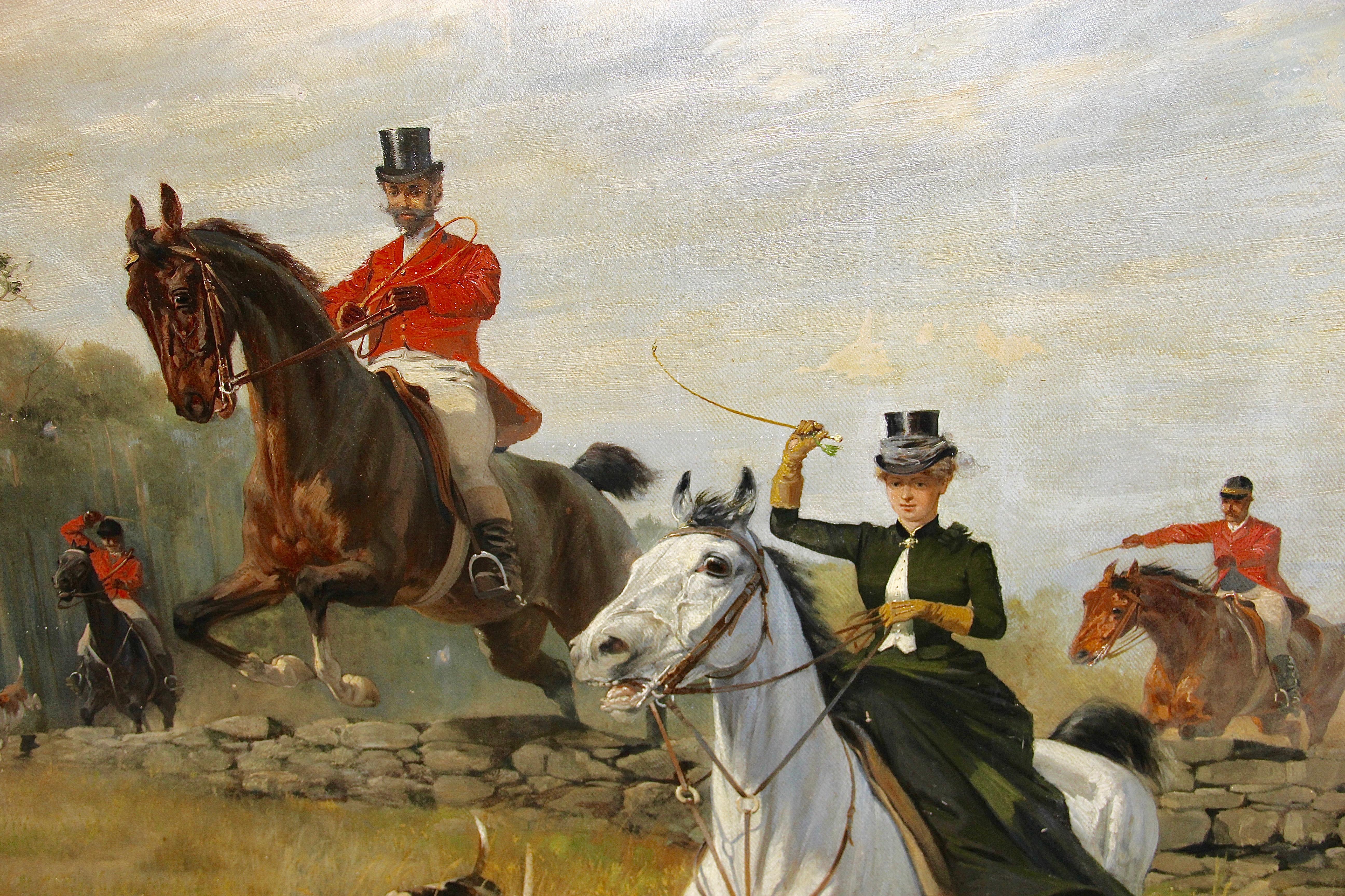 Large, impressive oil painting. Hunting scene. 19th century. 