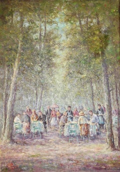 Vintage Decorative, romantic oil painting by Heinrich Hartung "Dinner in the Park".