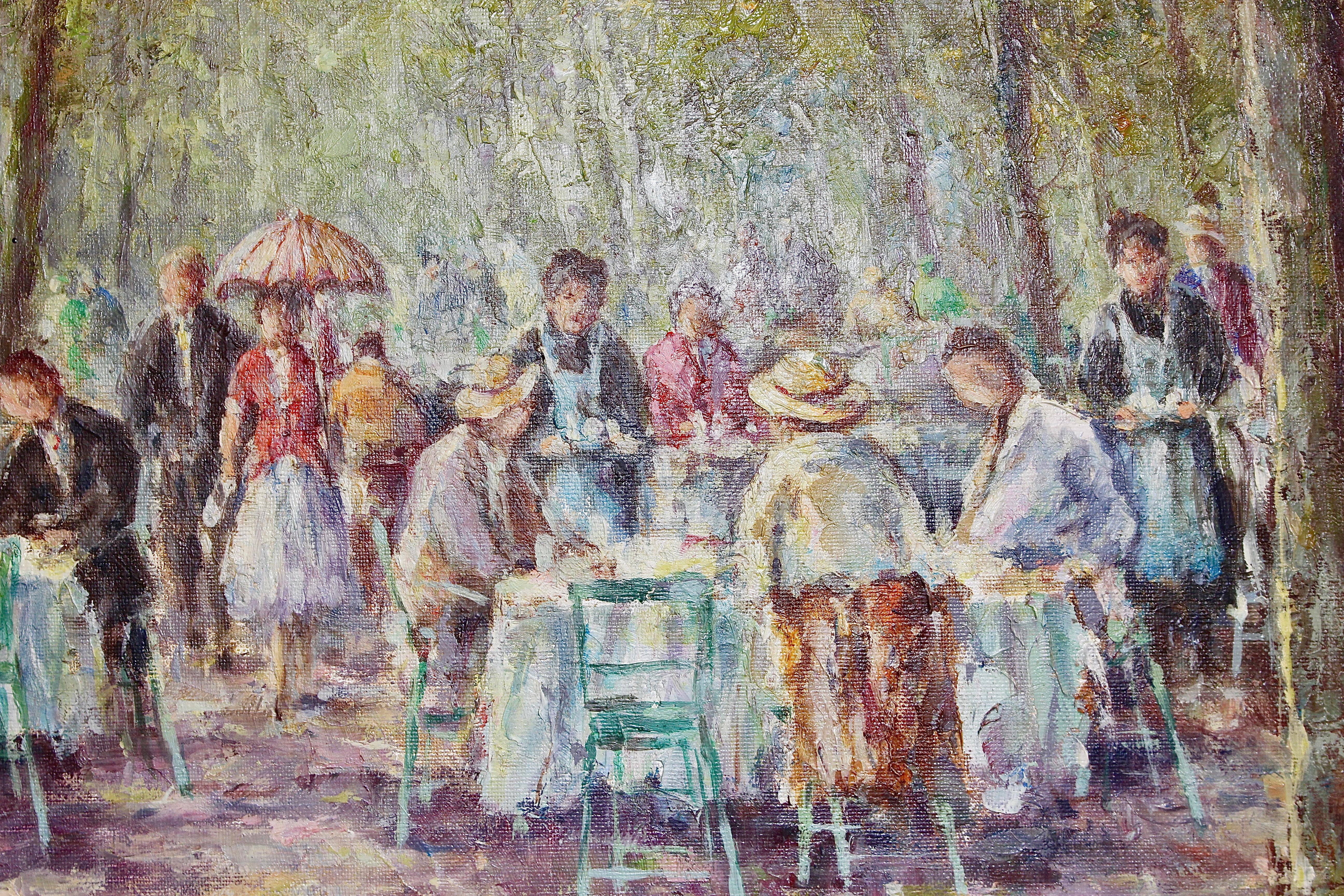 Peinture à l'huile décorative et romantique de Heinrich Hartung «nner in the Park » (un dîner dans le parc). en vente 2