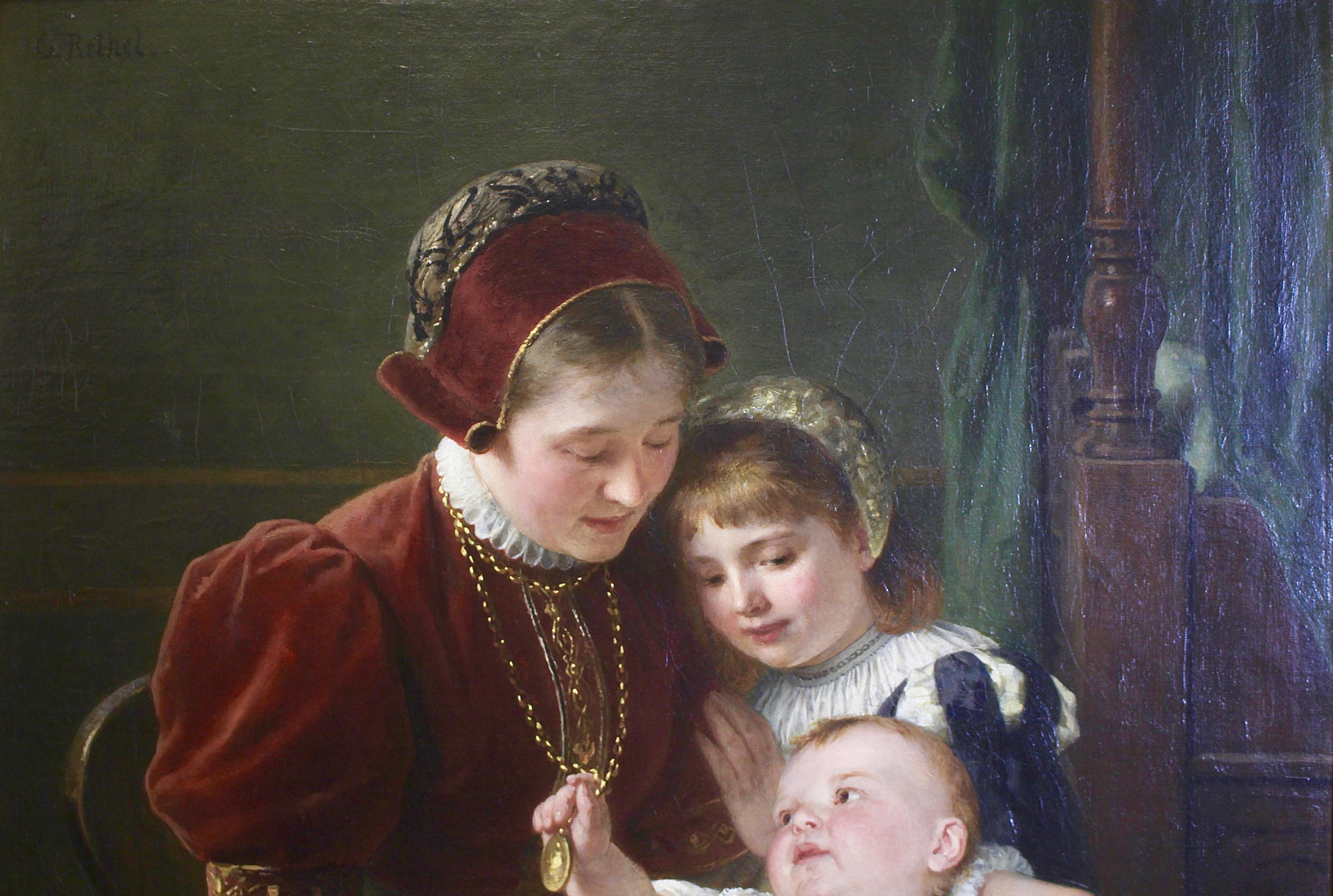 Otto Rethel, Antique Oil Painting, Mother with Children, 19th Century. 2