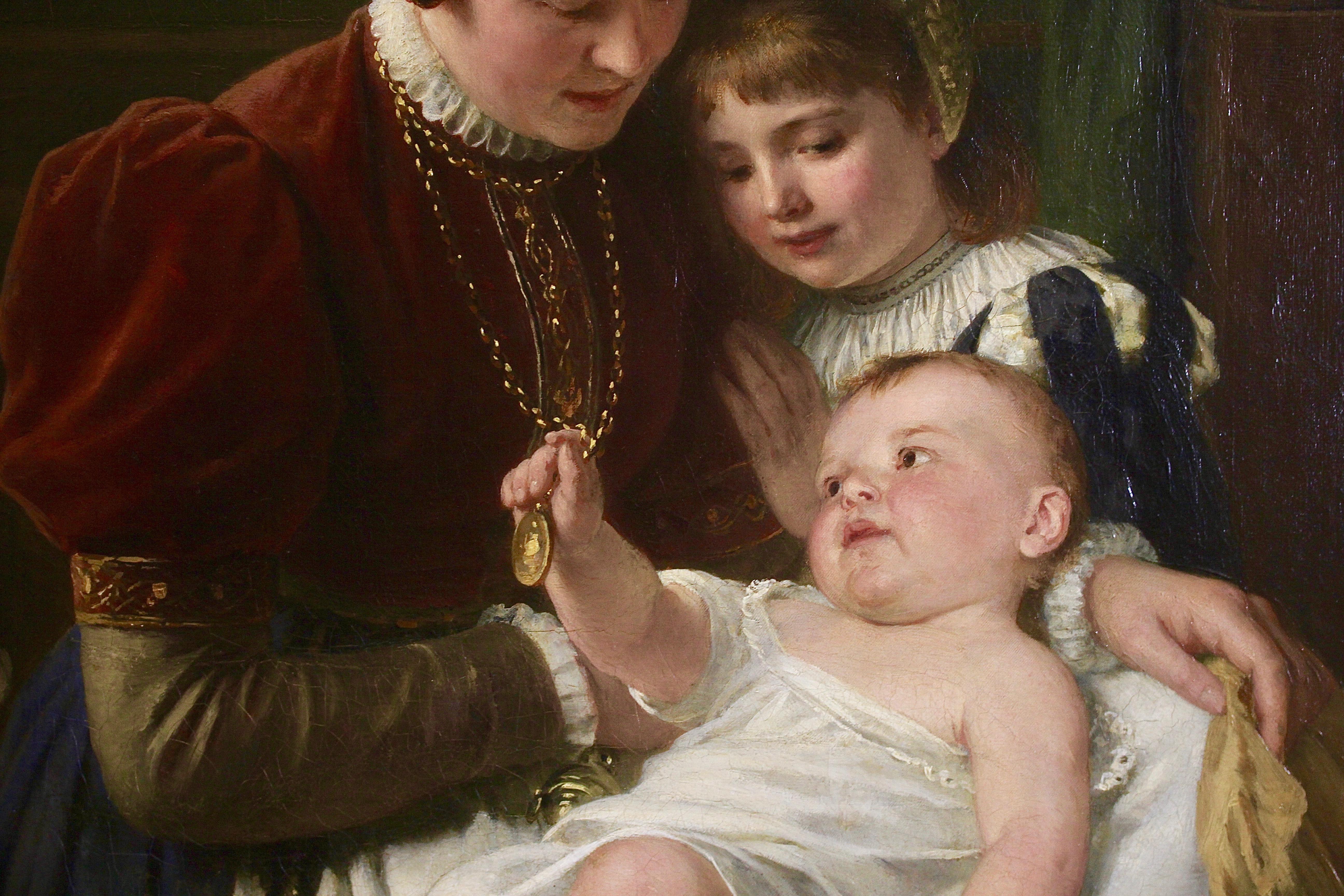 Otto Rethel, Antique Oil Painting, Mother with Children, 19th Century. 4