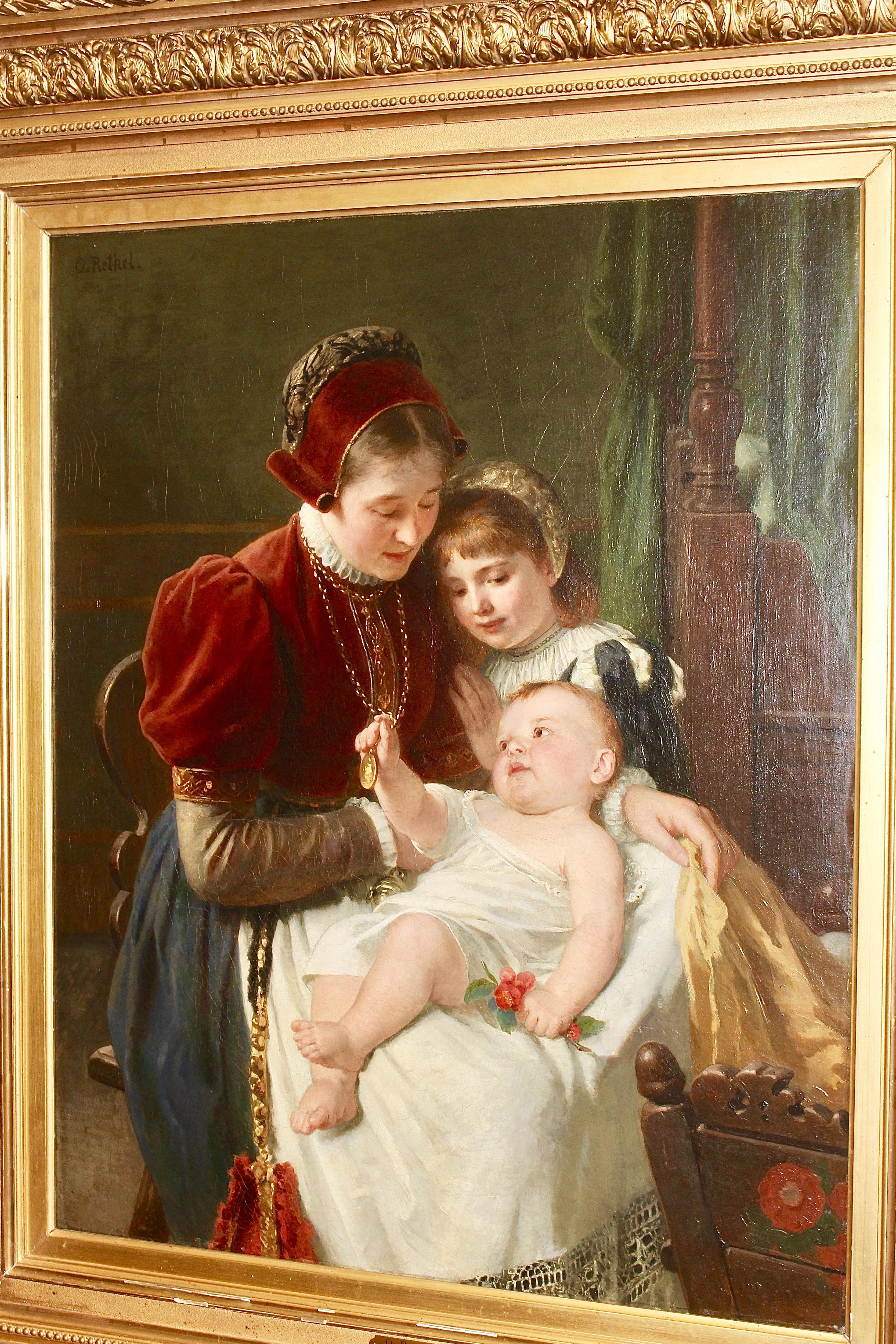 Otto Rethel, Antique Oil Painting, Mother with Children, 19th Century. 1