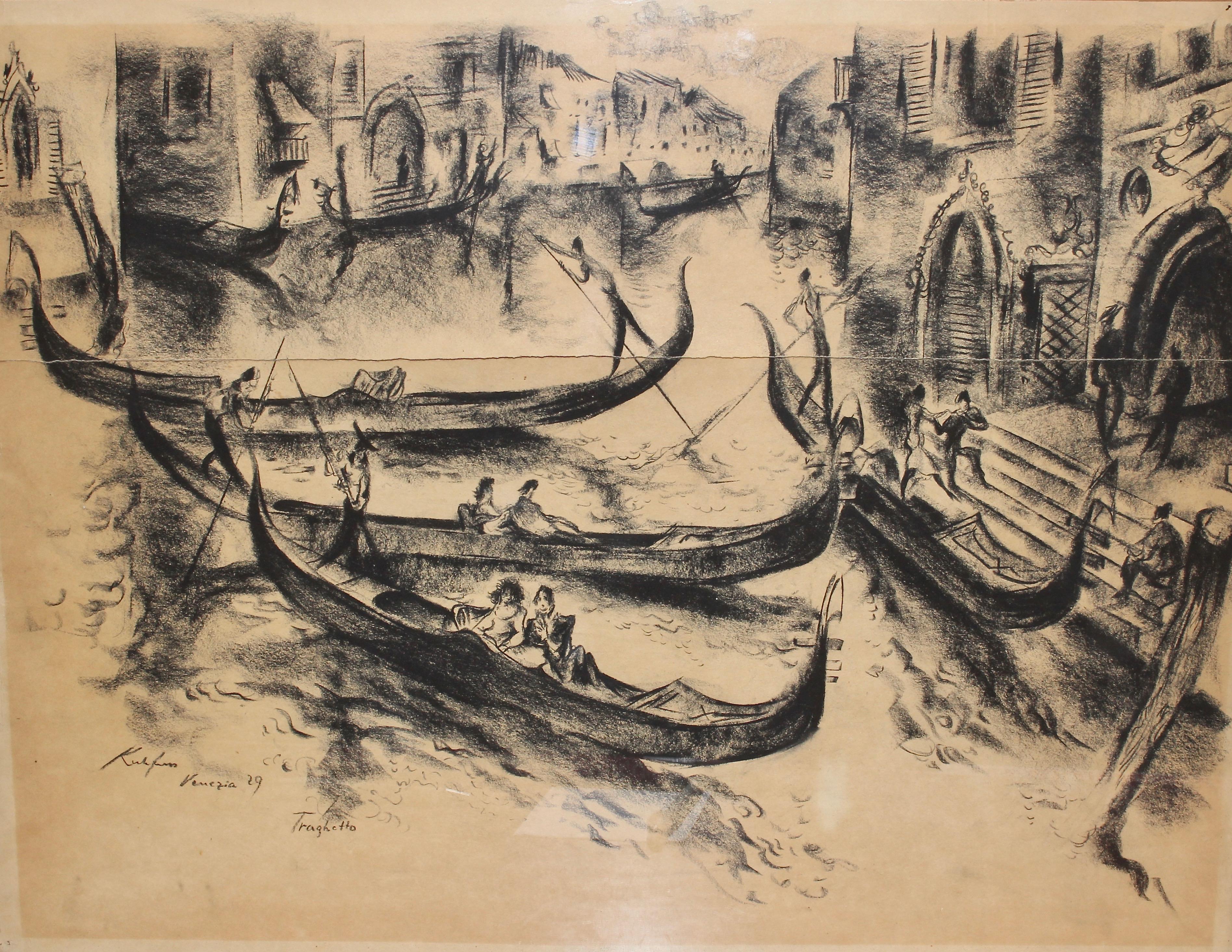 Peinture, 20e siècle, dessin au fusain « Venise - Gondolier » de Paul Kuhfuss