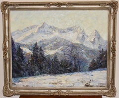 Peinture ancienne, huile sur toile, matin d'hiver dans les montagnes des Alpes, Zugspitze