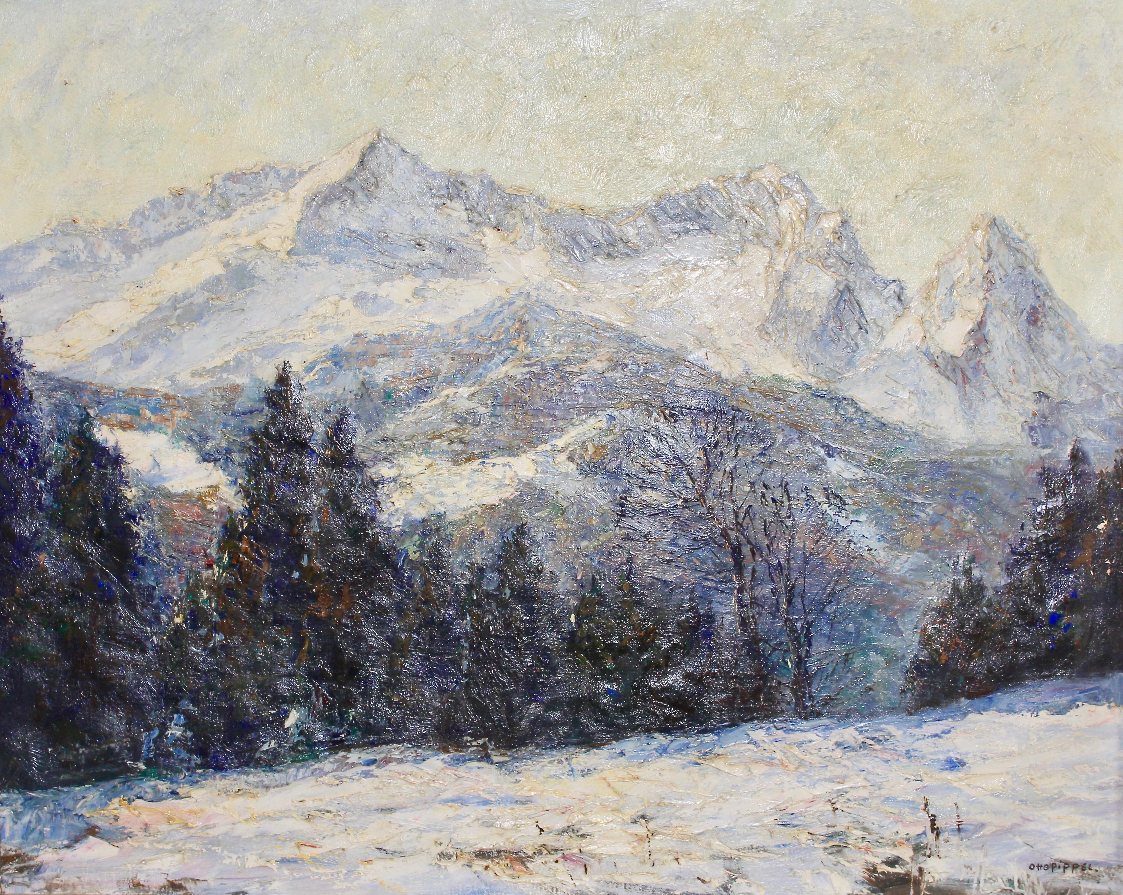 Otto Pippel Landscape Painting - Antique Painting, Oil on canvas, Winter Morning in the Alps Mountains, Zugspitze