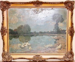 Antique Oil Painting, 19th Century, Seascape with Ducks. Paul Harnisch.