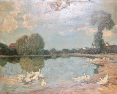 Antique Oil Painting, 19th Century, Seascape with Ducks. Paul Harnisch.