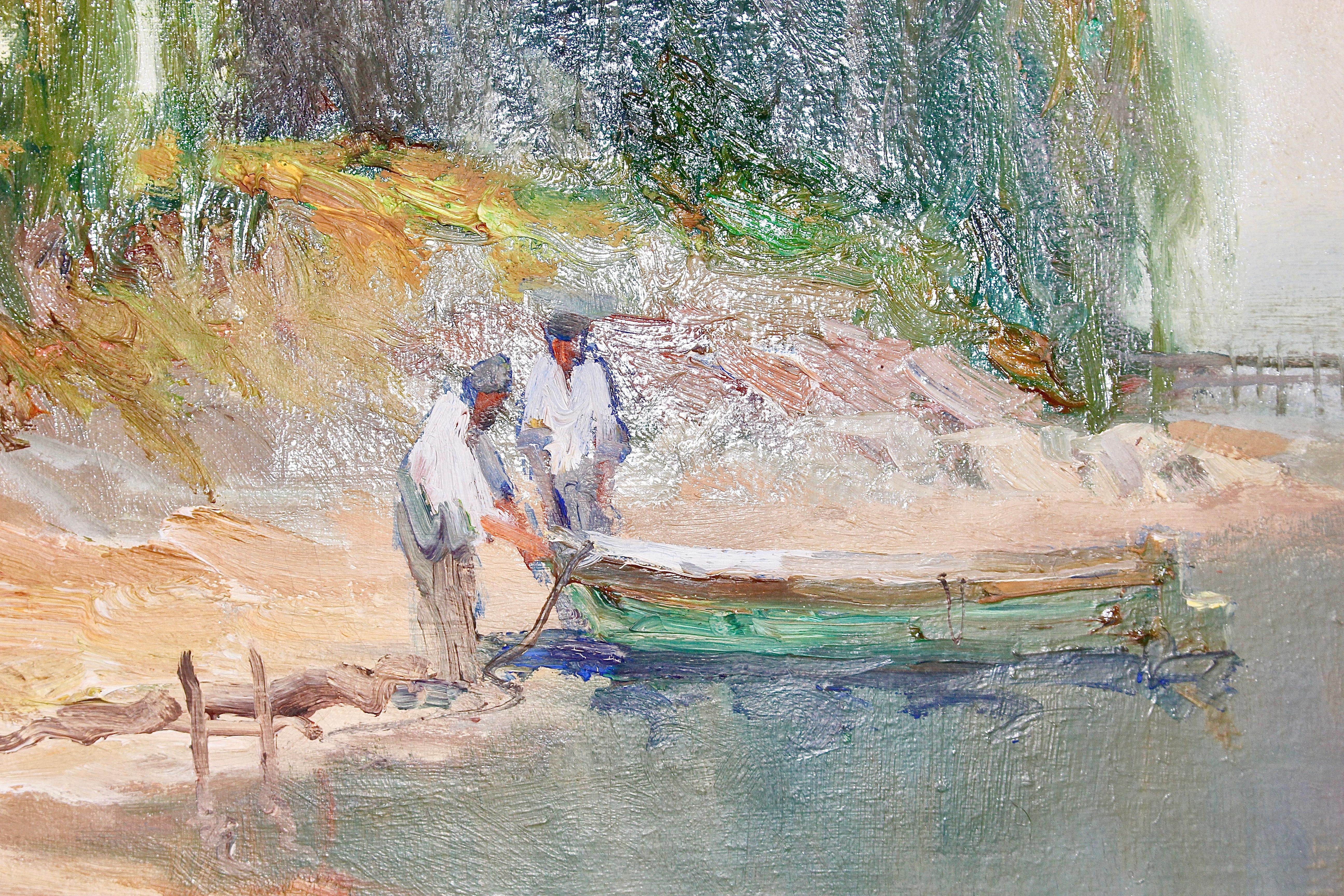 Peinture, huile sur toile, paysage marin. Fisherman at Lake Garda, Italie. - Gris Landscape Painting par Karel Hodr