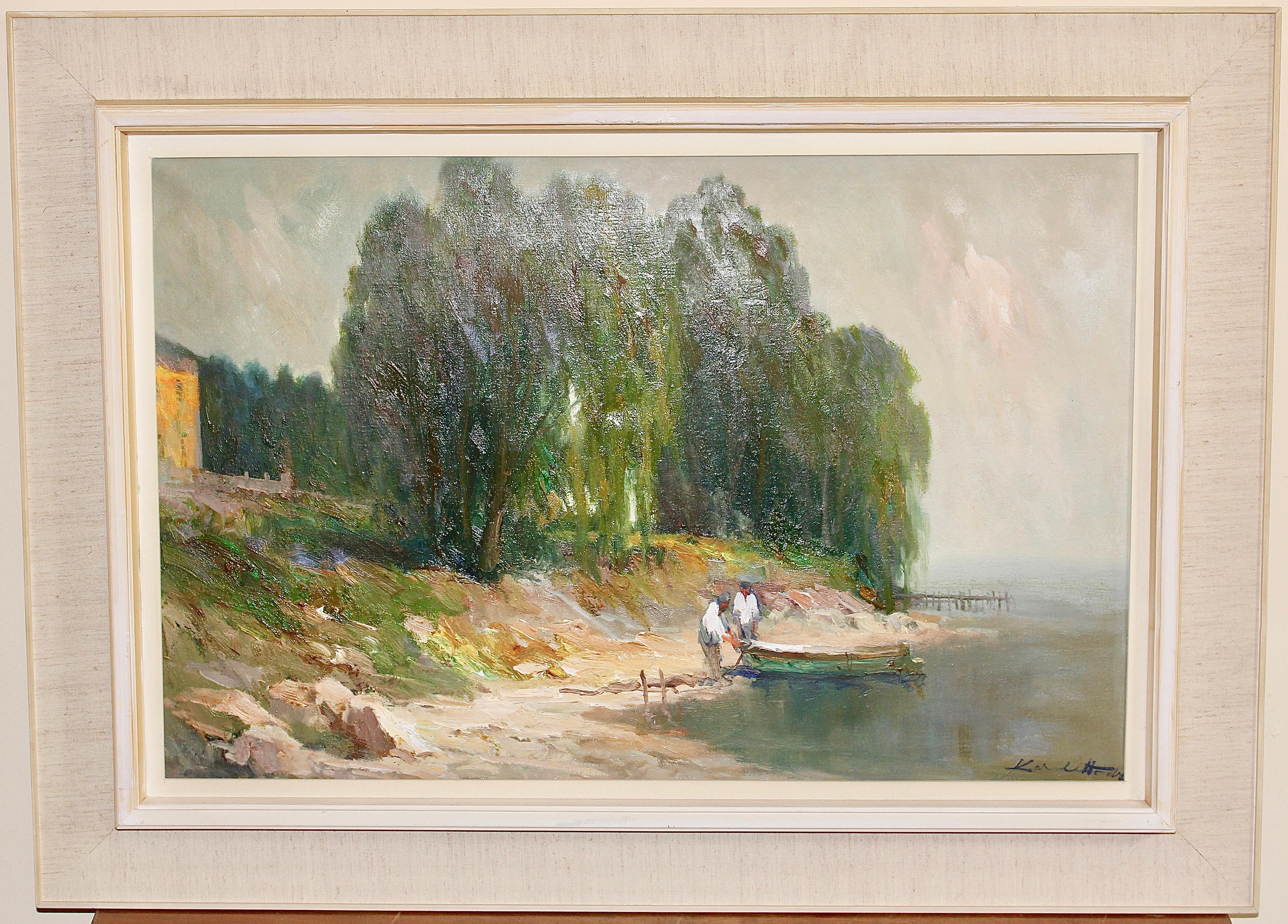 Peinture, huile sur toile, paysage marin. Fisherman at Lake Garda, Italie. - Painting de Karel Hodr