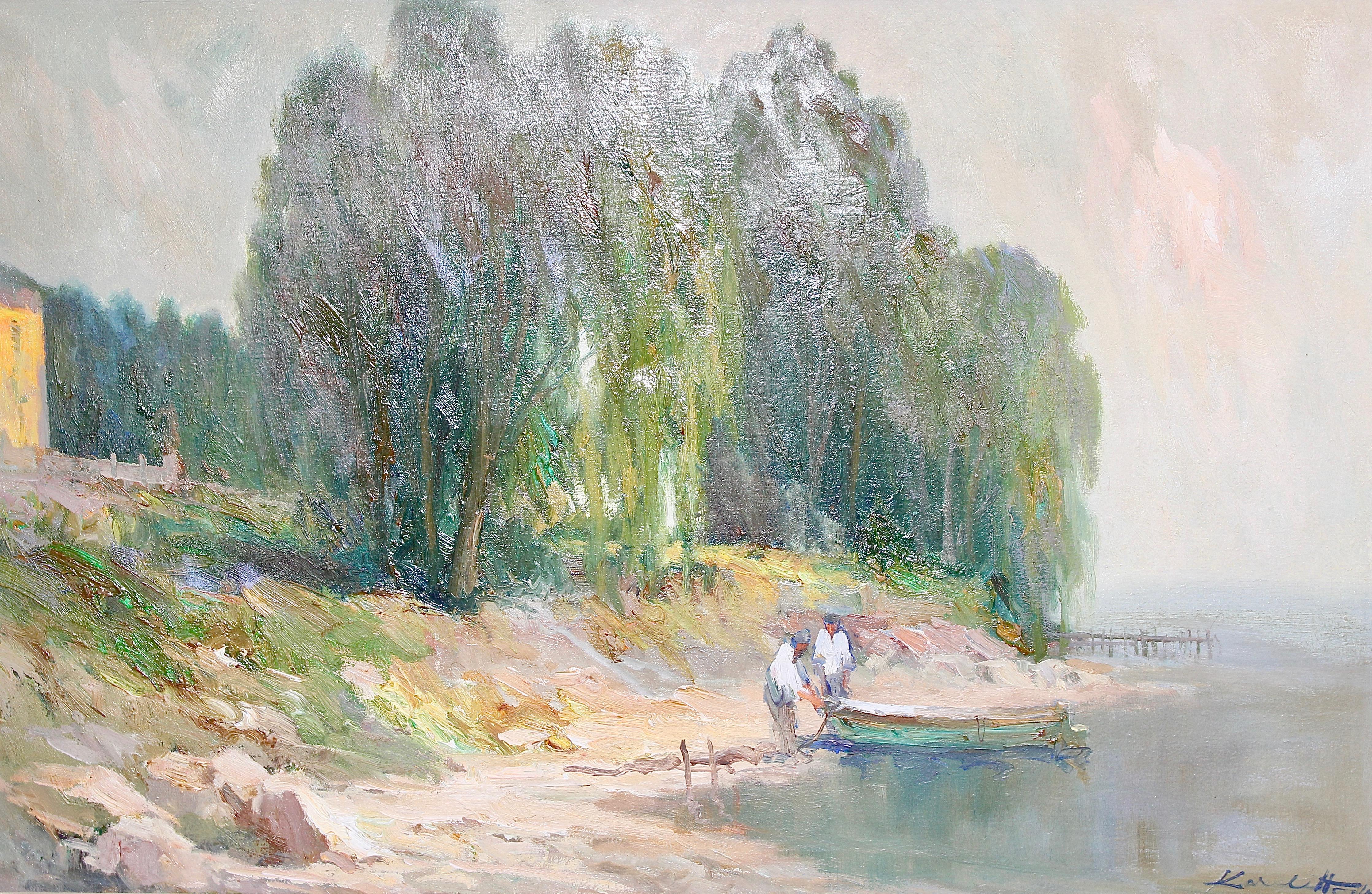 Landscape Painting Karel Hodr - Peinture, huile sur toile, paysage marin. Fisherman at Lake Garda, Italie.