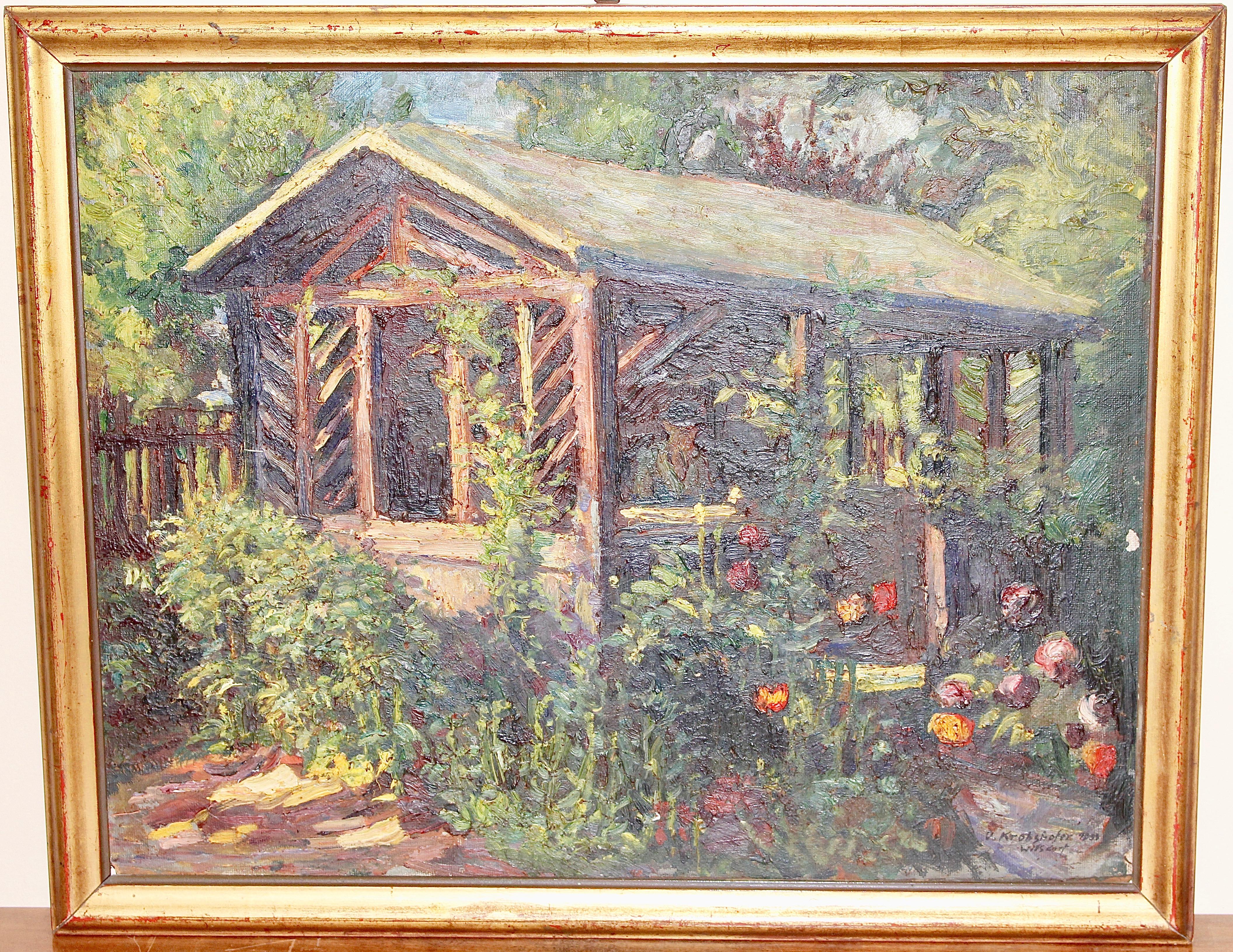 Peinture à l'huile ancienne, jardin d'été avec fleurs. - Painting de OSWALD VON KROBSHOFER