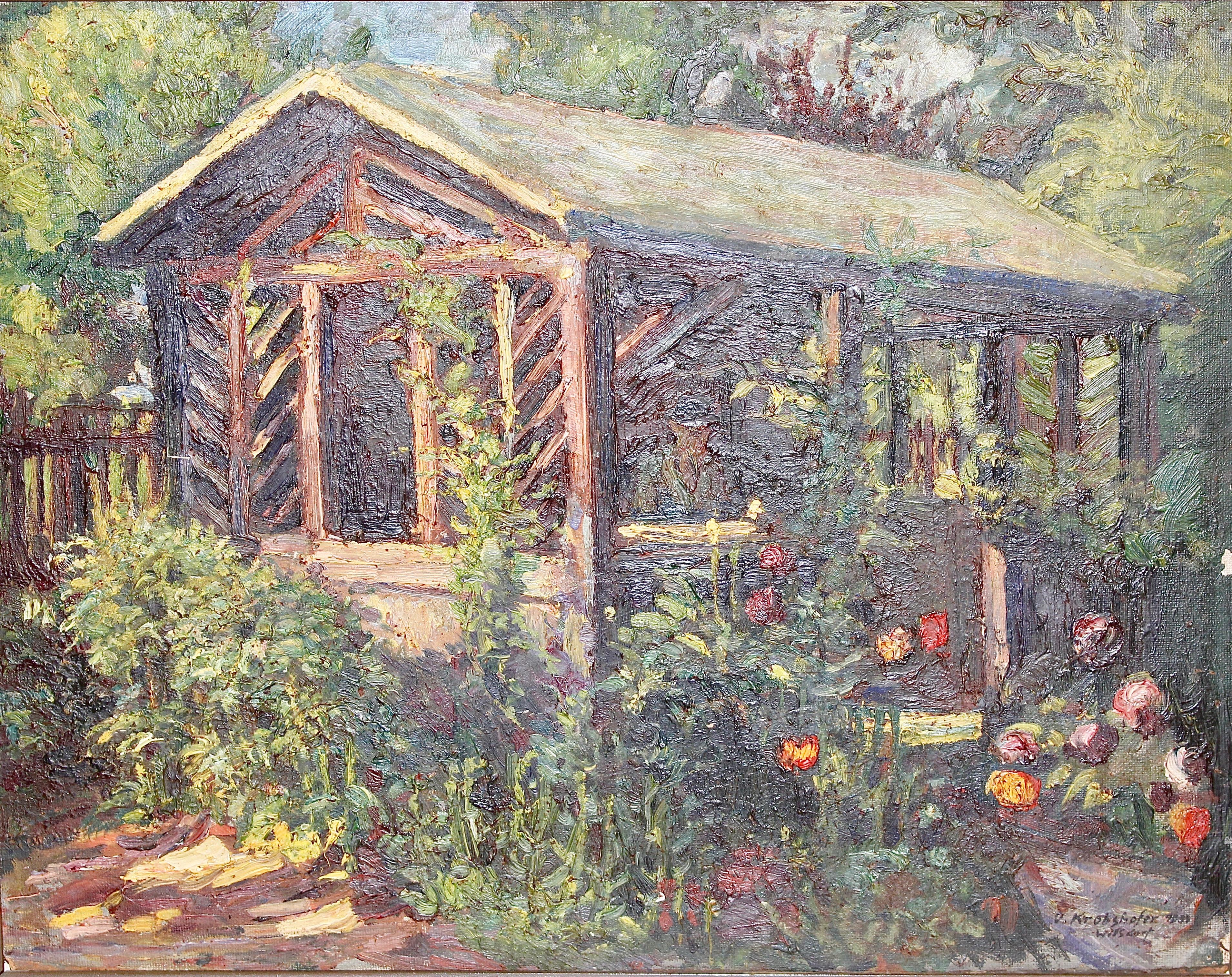 Landscape Painting OSWALD VON KROBSHOFER - Peinture à l'huile ancienne, jardin d'été avec fleurs.