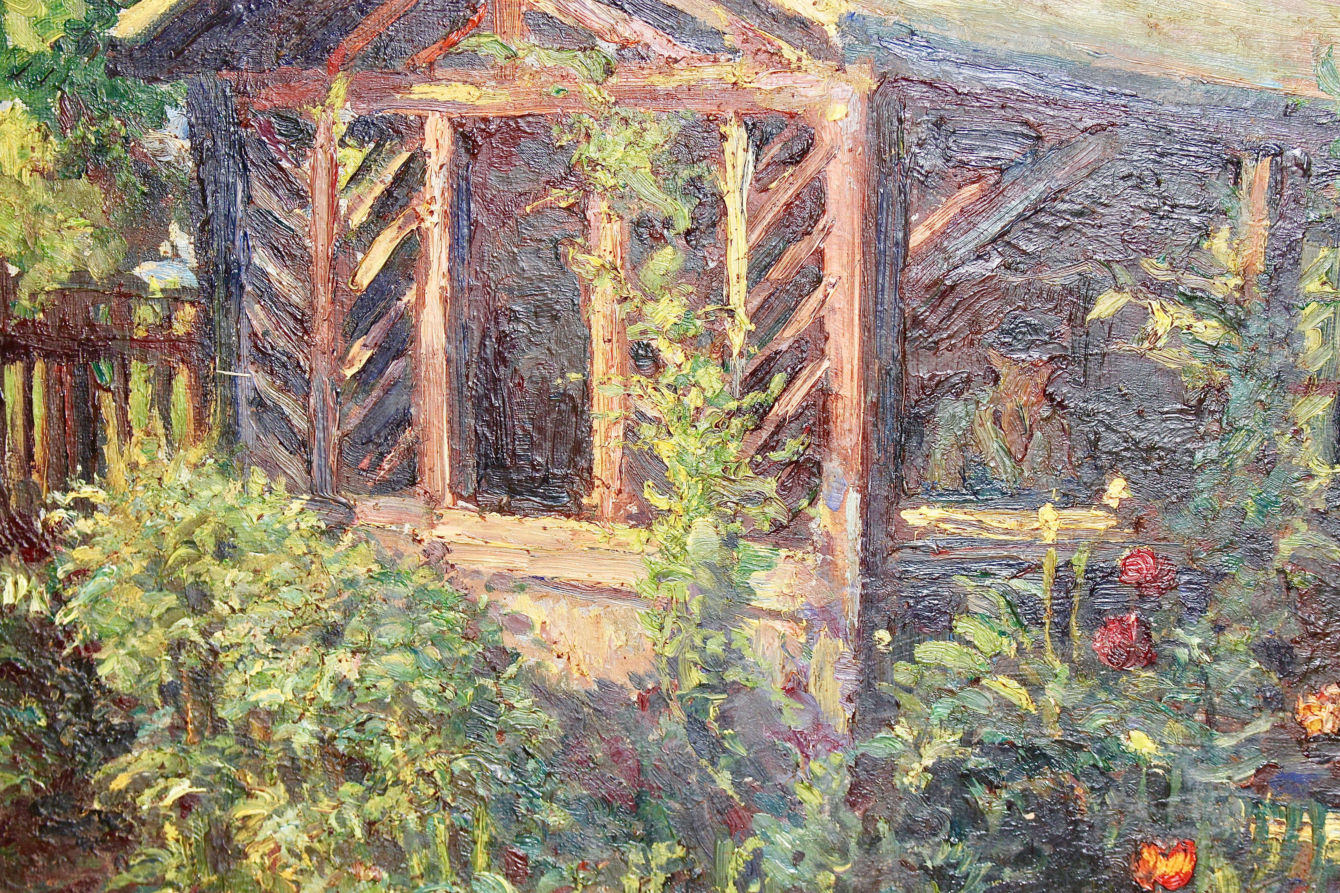 Peinture à l'huile ancienne, jardin d'été avec fleurs. - Gris Landscape Painting par OSWALD VON KROBSHOFER