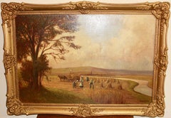 Peinture ancienne, XIXe siècle, huile sur toile, récolte par la rivière.